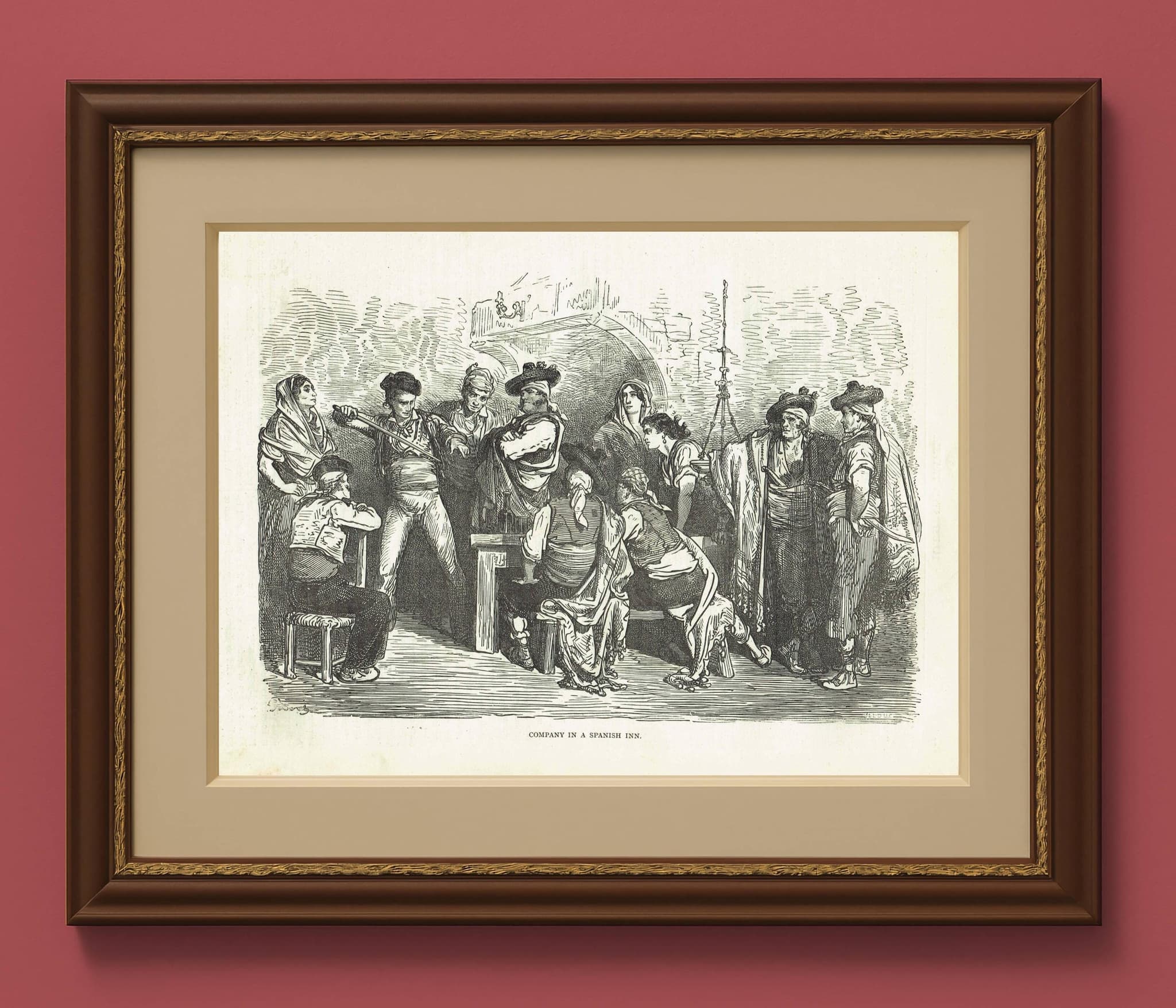 1870s Original Antique Company In A Spanish Inn Scene Woodblock Print - Victorian Travel Book Illustration - 12 x 8.5 in