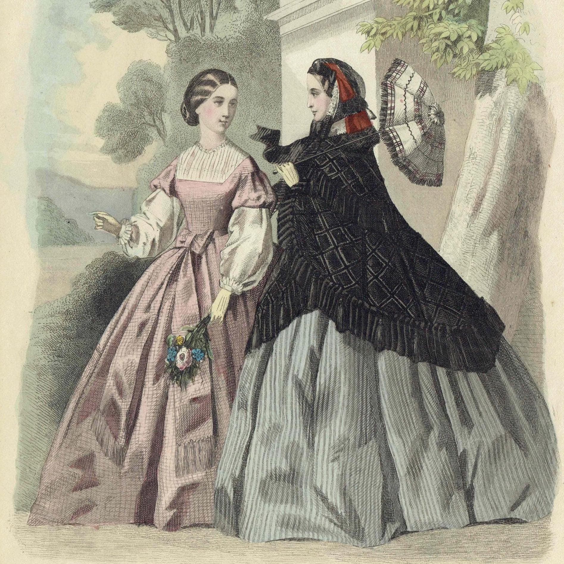 1859 Modes de Paris Women's Fashion Print - Parisian Costume Plate No.14 - Hand Coloured Lithograph, Victorian Style - 9.75 x 6.75 in