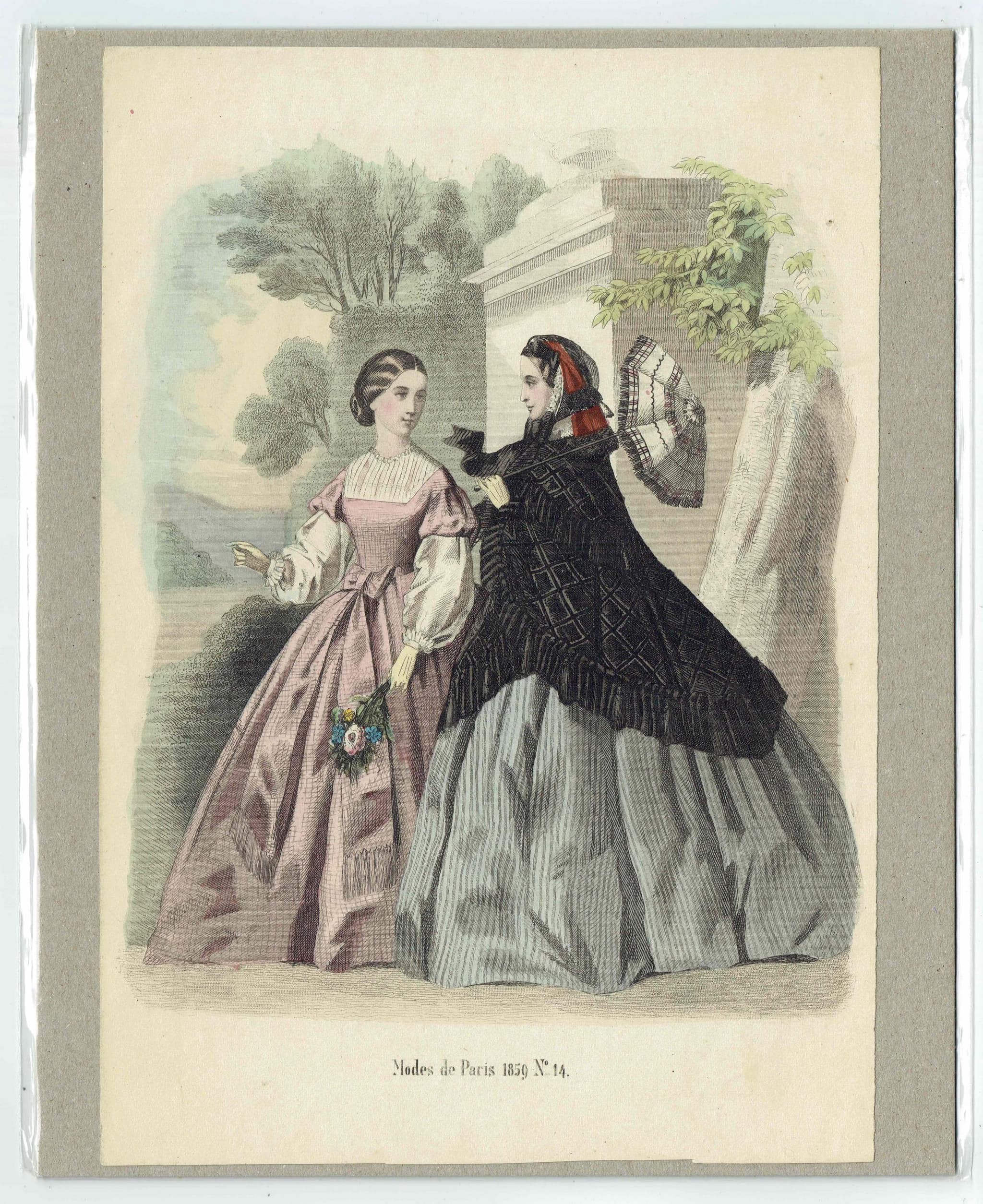 1859 Modes de Paris Women's Fashion Print - Parisian Costume Plate No.14 - Hand Coloured Lithograph, Victorian Style - 9.75 x 6.75 in - Image 2