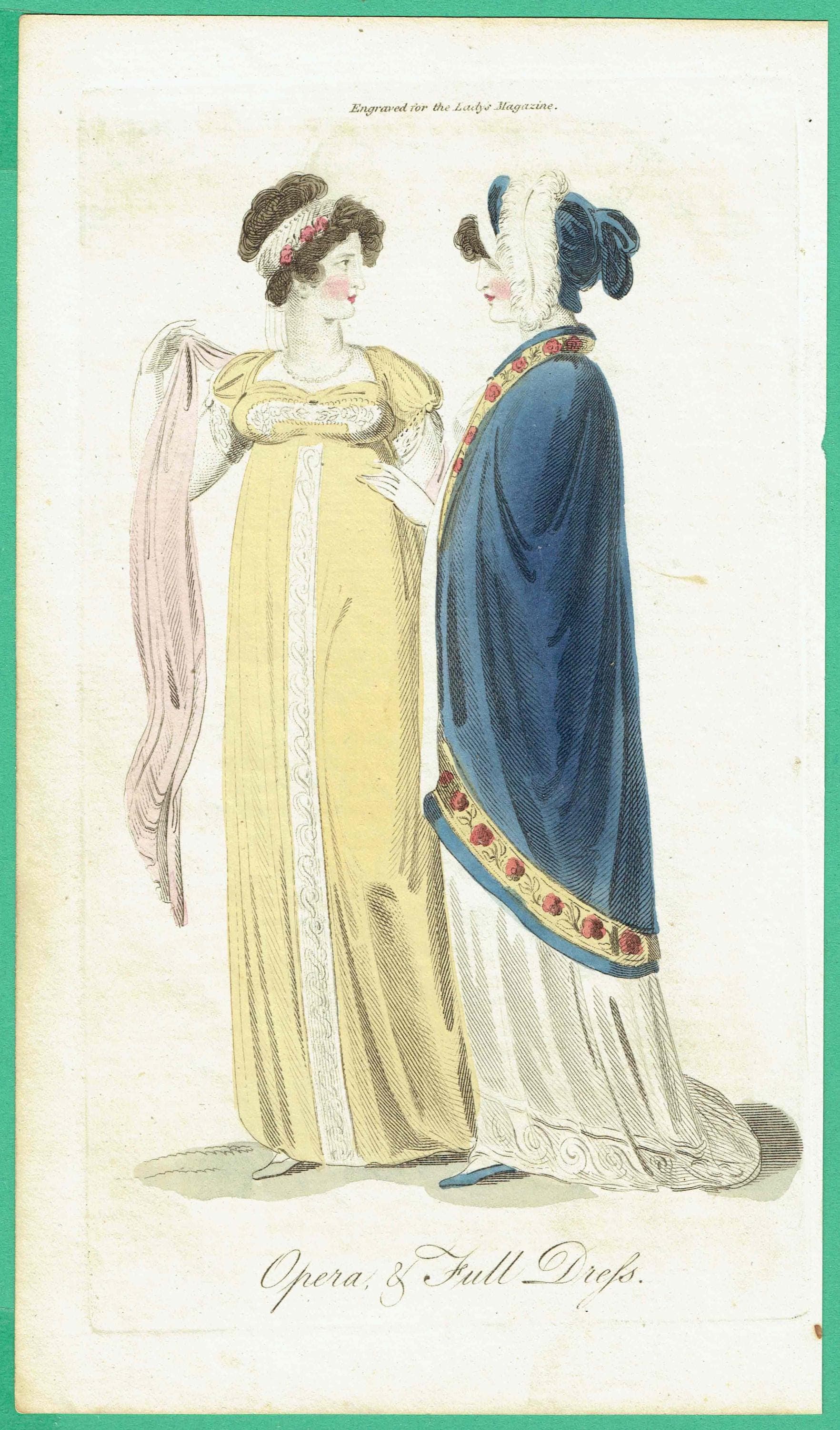 1806 Opera And Full Dress - Original Antique Fashion Print - London Regency Empire Waist Gowns Ladies Magazine - 4.75 x 8.25 in - Image 2
