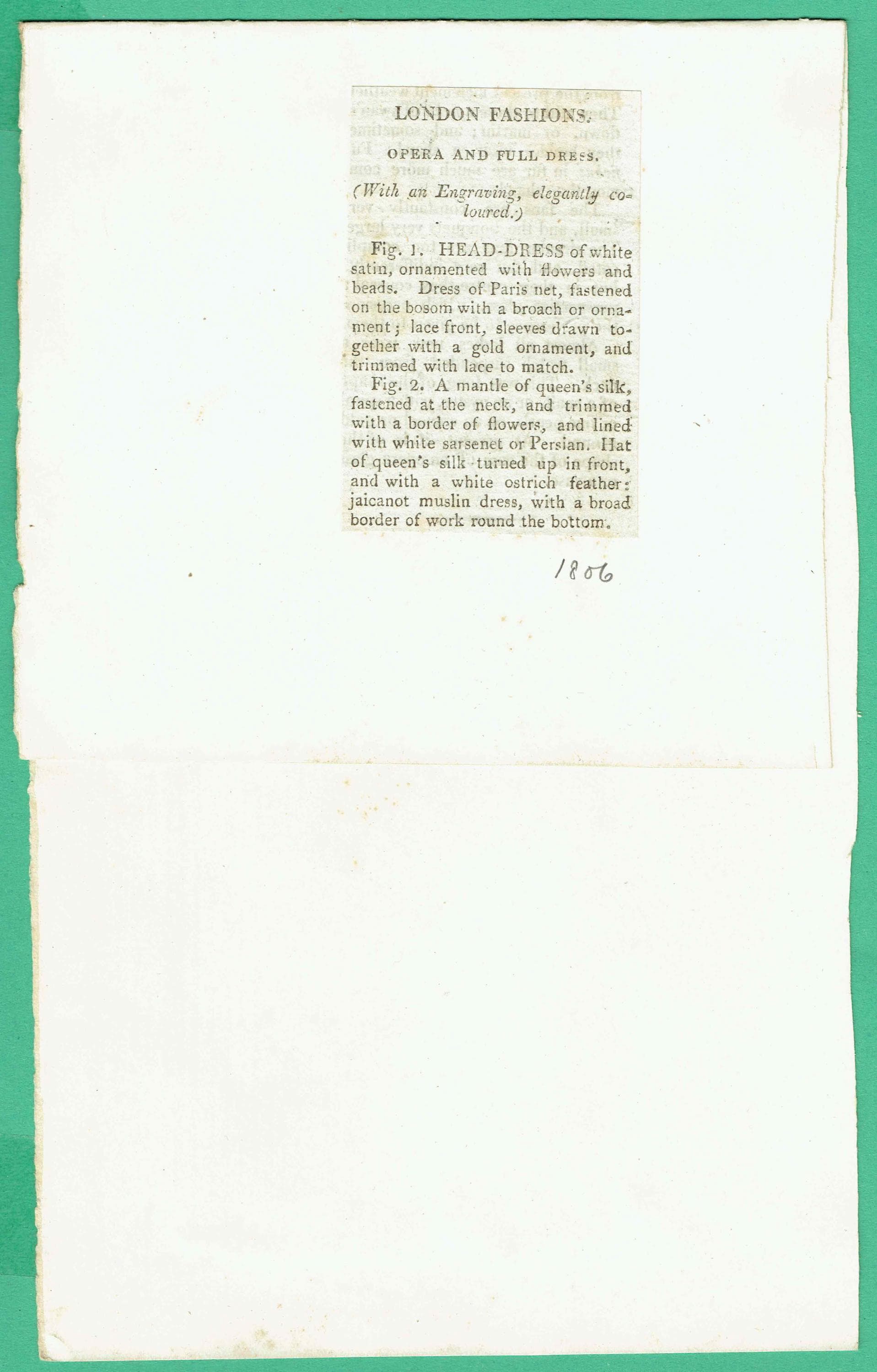 1806 Opera And Full Dress - Original Antique Fashion Print - London Regency Empire Waist Gowns Ladies Magazine - 4.75 x 8.25 in - Image 5