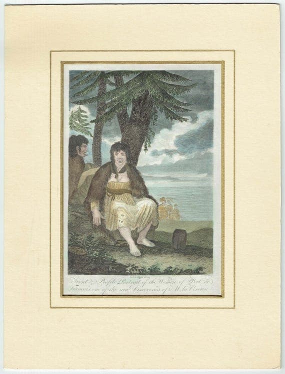 c.1815 Front & Profile Portrait of the Women of Port de Français Print - La Pérouse Voyage Costume - Hand Coloured Print - 9.5 x 7 in