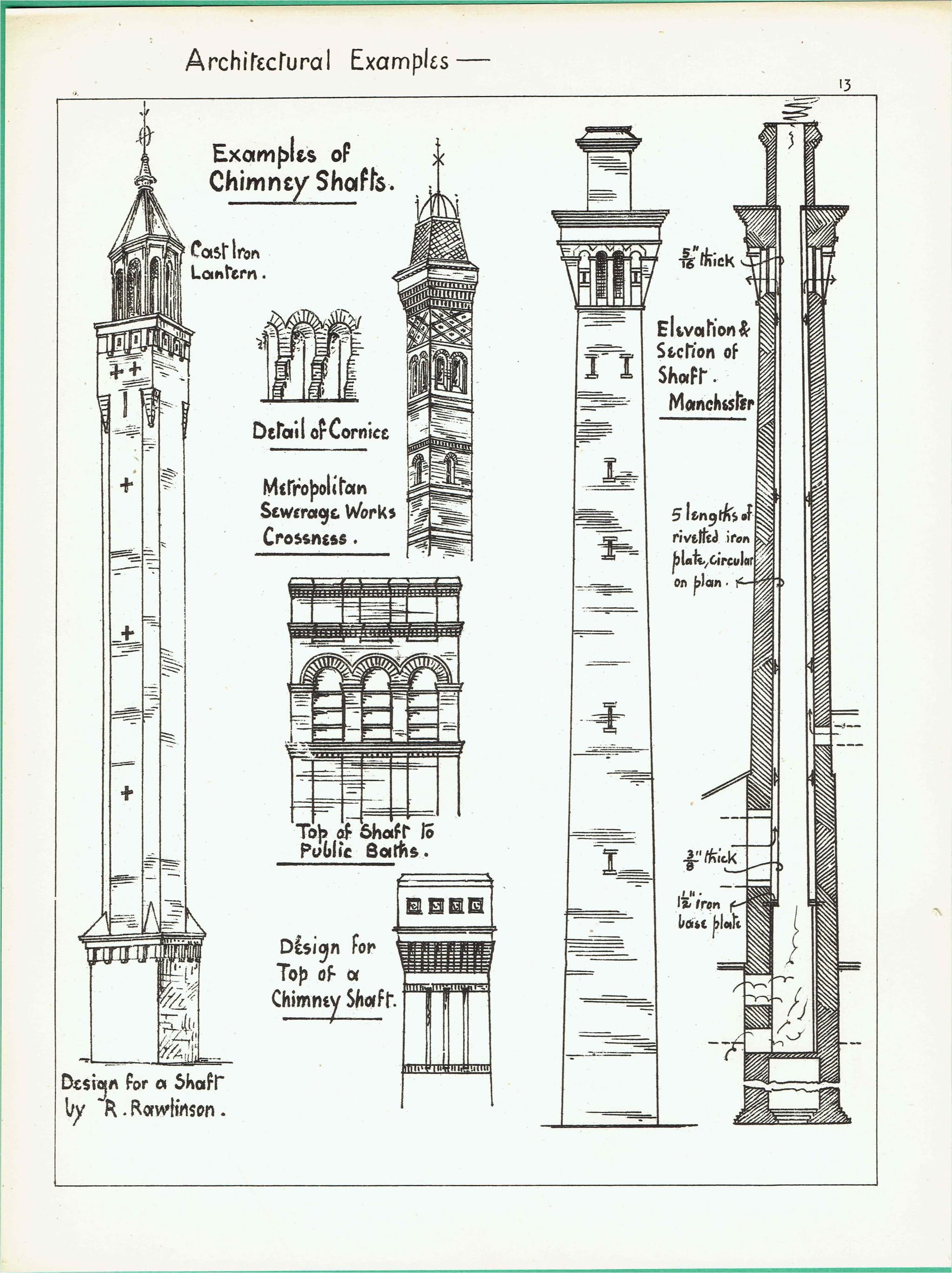 1898 Chimney Shafts Various Crossness Manchester Architectural Print - W Fullerton - Building Illustration - 8 x 10.75 in - Image 2