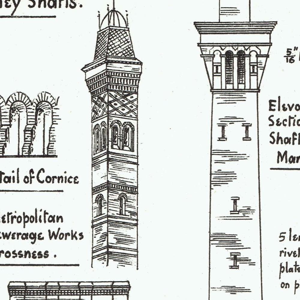 1898 Chimney Shafts Various Crossness Manchester Architectural Print - W Fullerton - Building Illustration - 8 x 10.75 in - Image 3