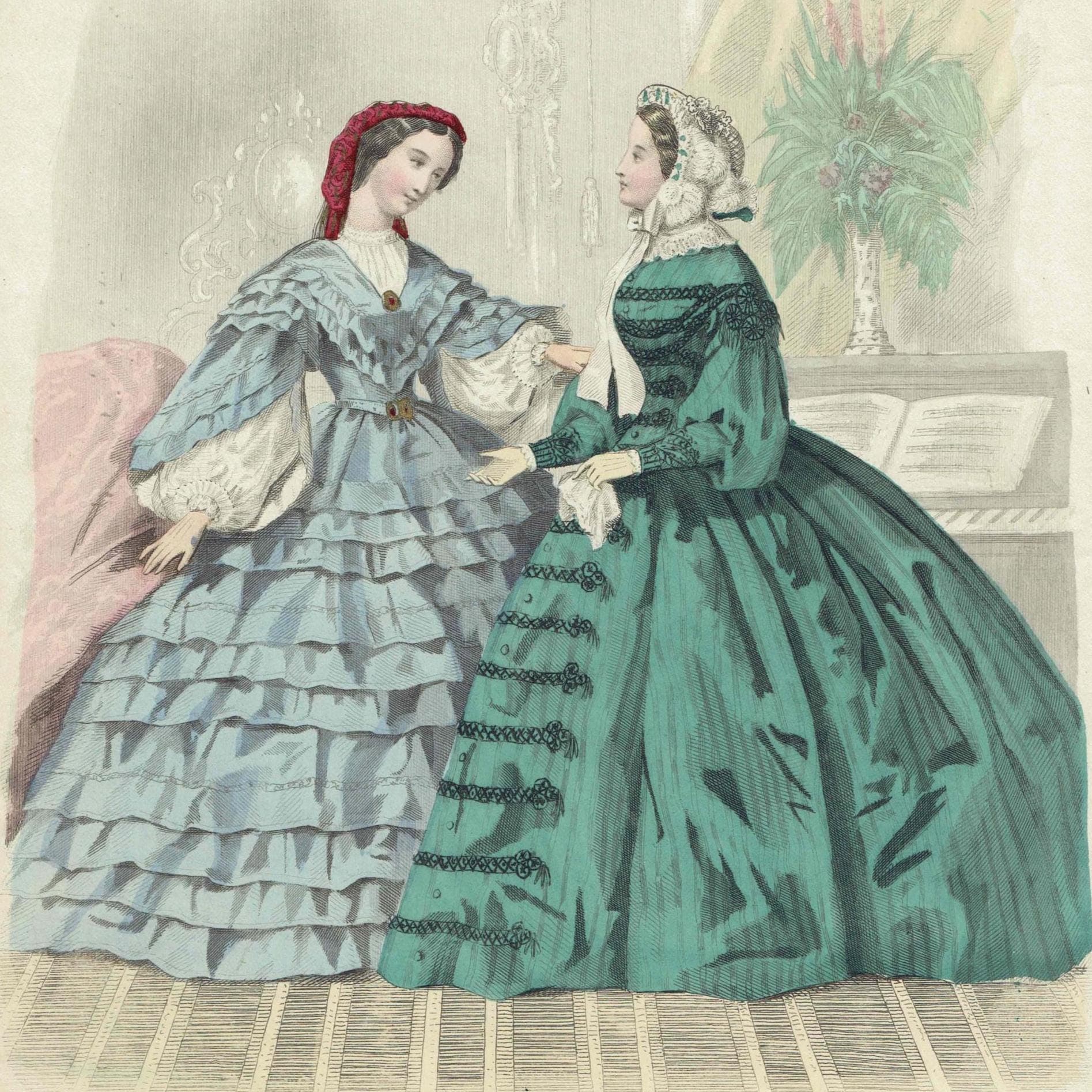 1860 Modes de Paris No. 9 Print – Victorian Fashion Plate – Hand-Coloured Women’s Dresses – 9.75 x 6.75 in