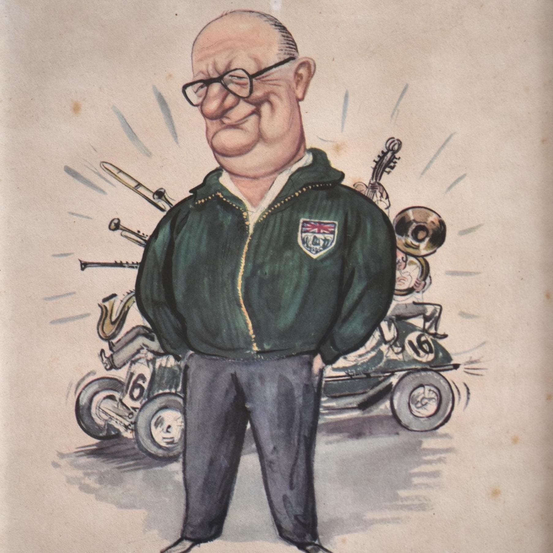 1956 Bandleader Billy Cotton Motoring Caricature by Sallon Print - K3 MG Racing Car - Brooklands Race Driver - 11 x 7.75 in