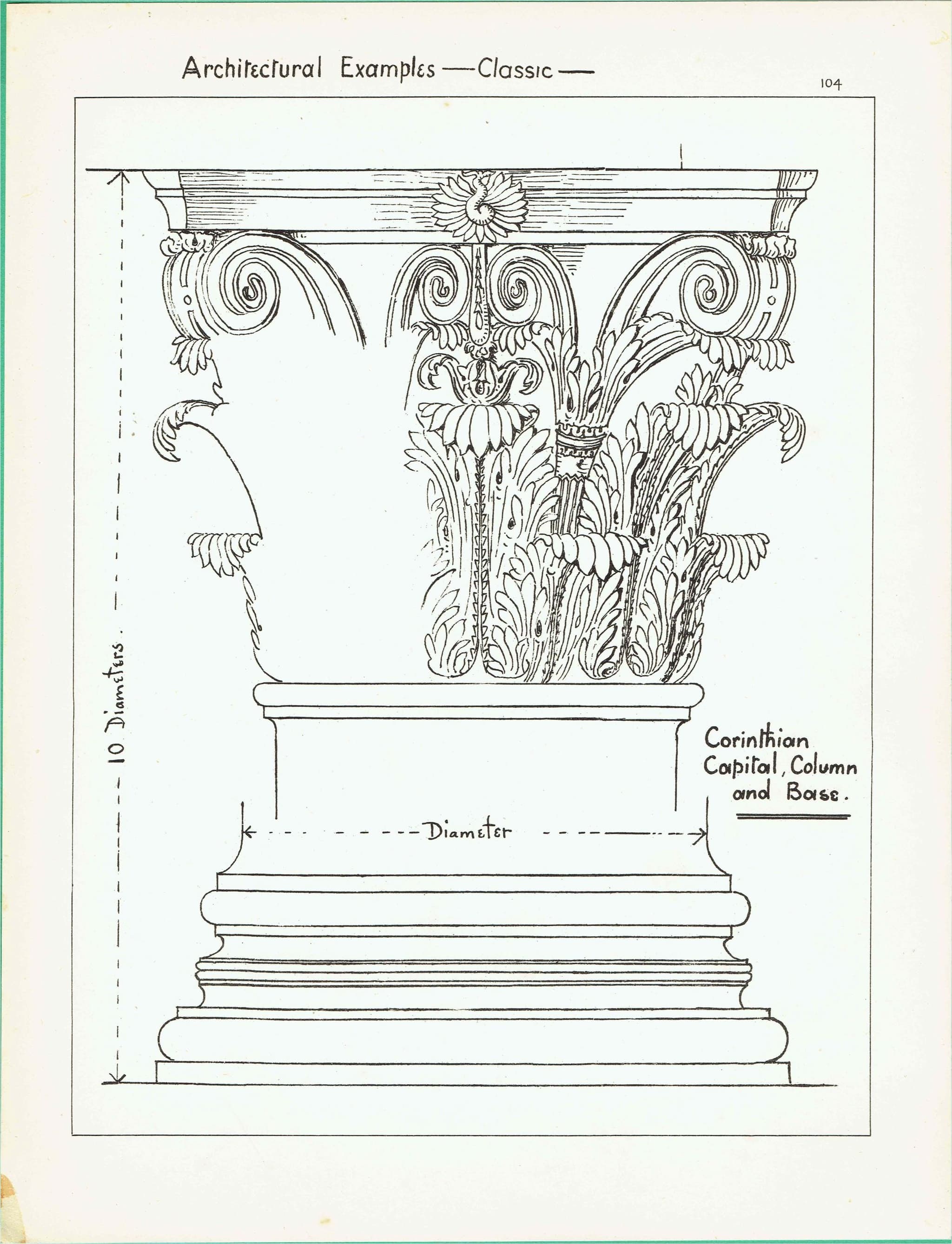 1898 Corinthian Capital Print - Classical Column, Base & Decorative Architecture Study - Antique Design Plate - 8 x 10.75 in