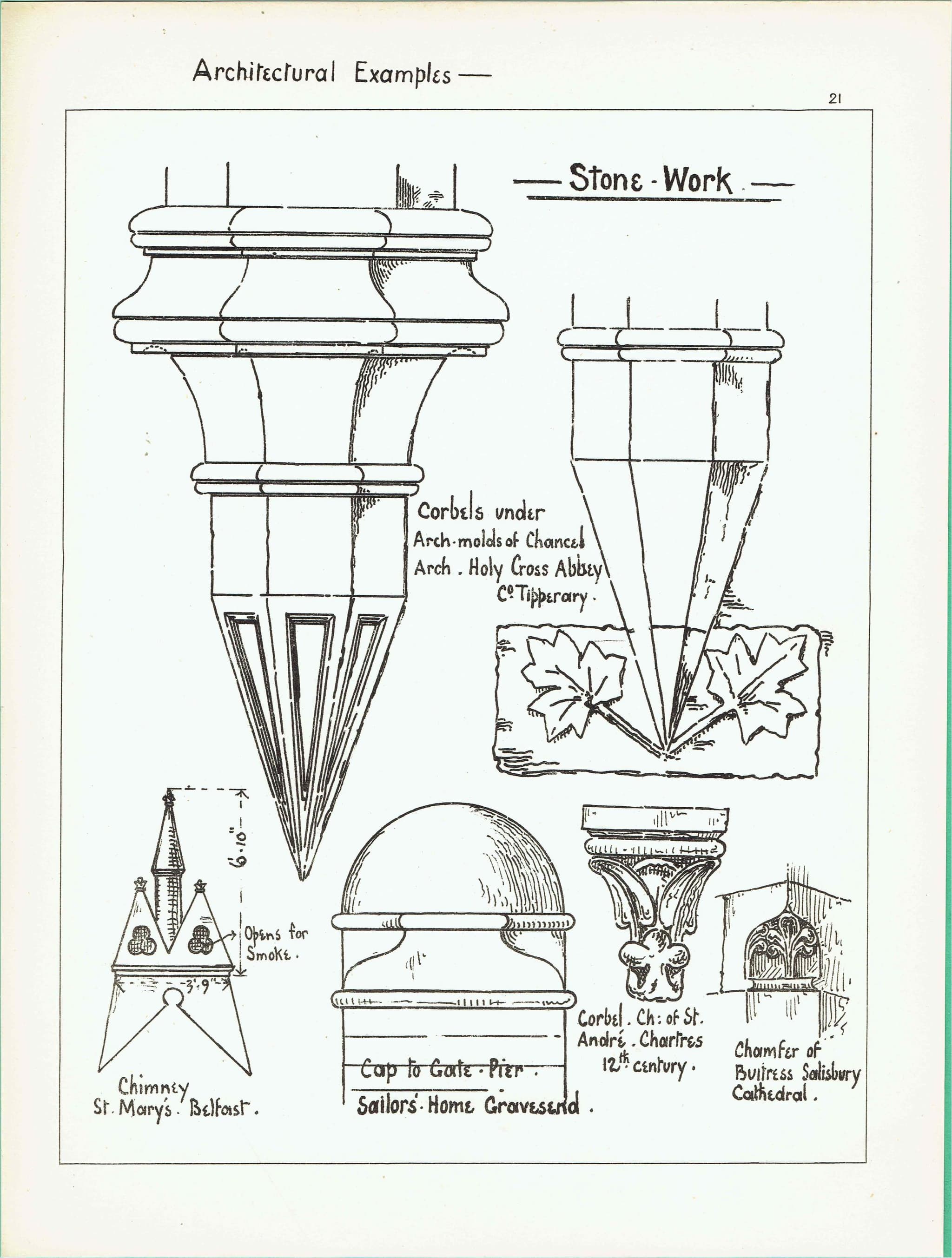 1898 Corbels Cap to Gate Pier Chamfer of Buttress Stonework Architectural Print - W Fullerton - Building Illustration - 8 x 10.75 in - Image 2