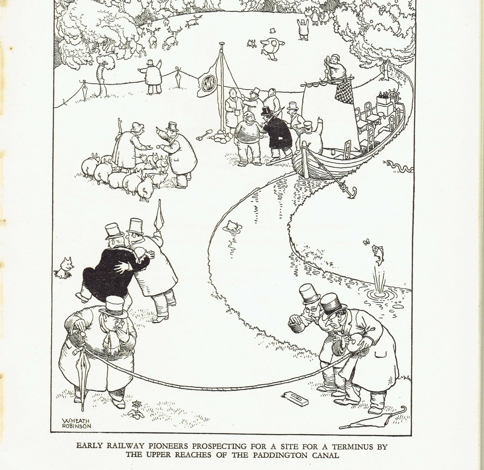 1935 Railway Pioneers Paddington Canal - Original Vintage Print By Robinson - Great Western Railway Centenary Humorous Cartoon - 7 x 9.5 in - Image 4