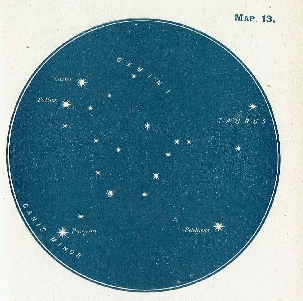 1944 Constellation Map 13 - Original Vintage Print By Gall - Gemini Taurus Castor Pollux Astronomy Star Chart Atlas - 4 x 6 in