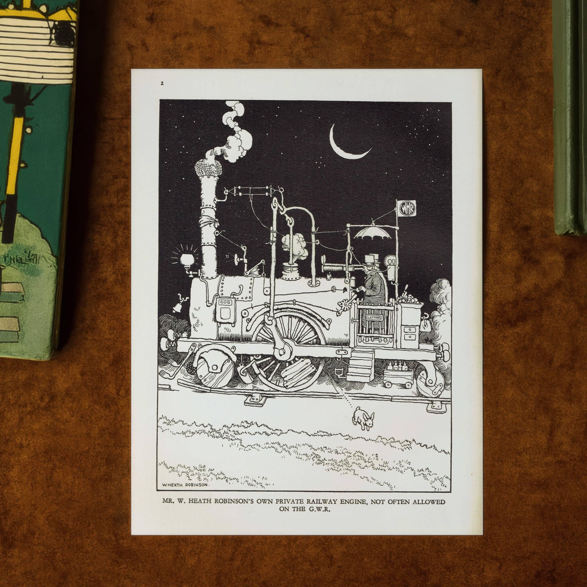 1935 Railway Engine Contraption - Original Vintage Print By Heath Robinson - Great Western Railway Centenary Humour - 7 x 9.5 in