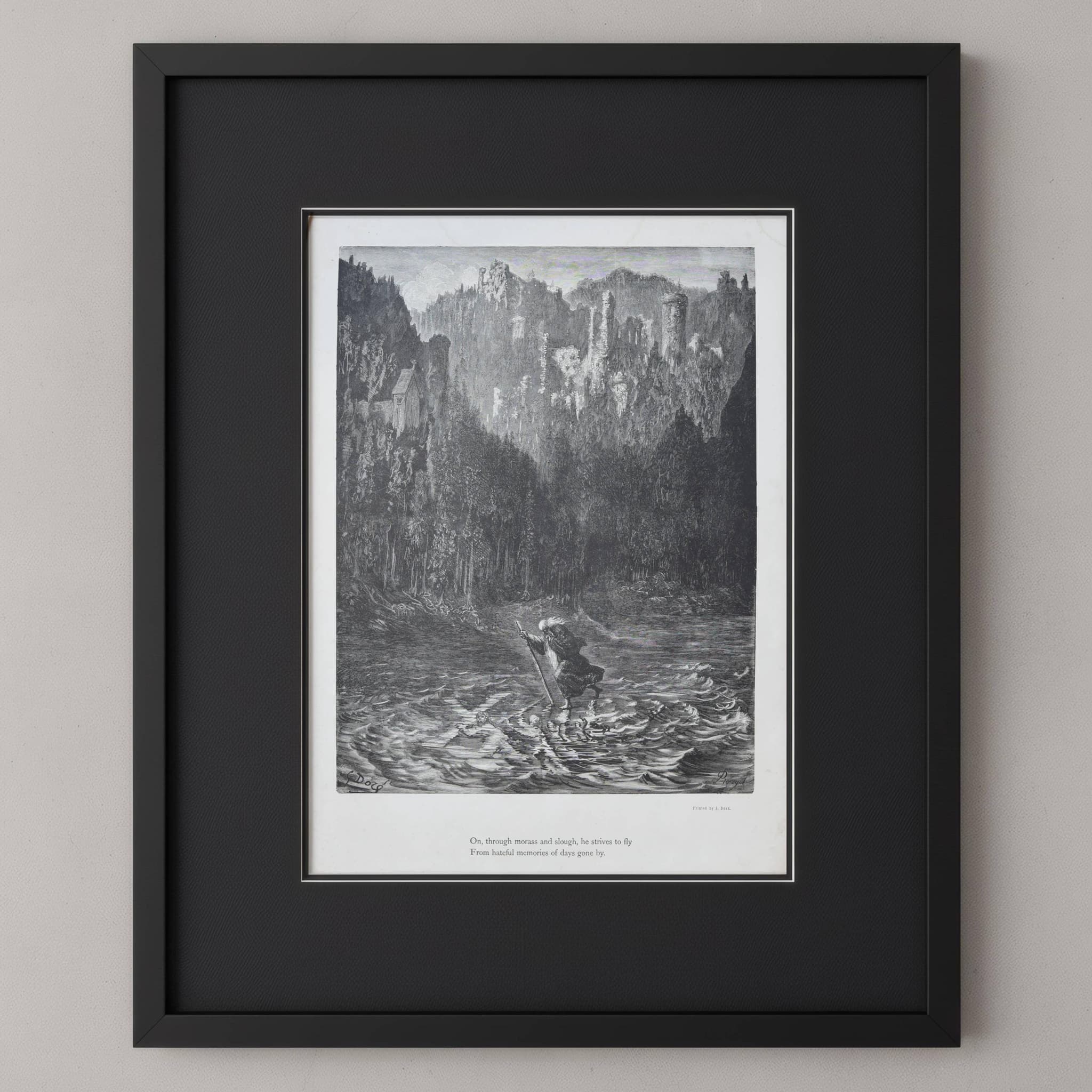 1866 Gustave Doré Legend Of The Wandering Jew Crossing River Plate 5 - Original Antique Engraving - Gothic Medieval Christian - 14 x 20 in