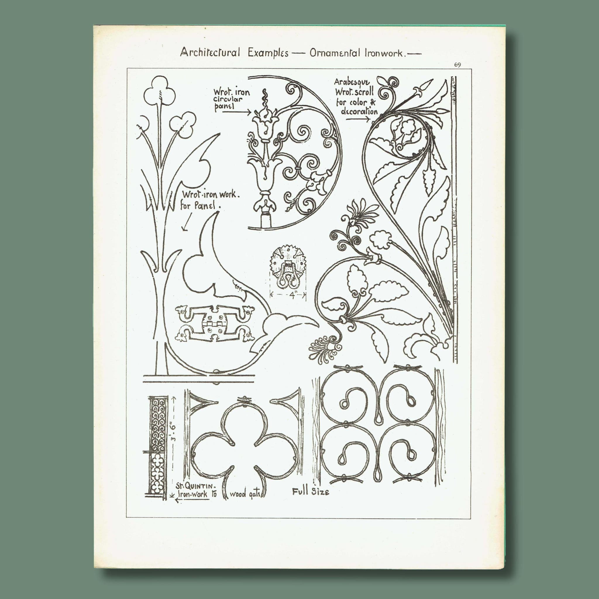 1898 Ornamental Wrought Ironwork - Circular Panel  Arabesque Scroll St Quintin Architecture Print - W Fullerton - 8 x 10.75 in