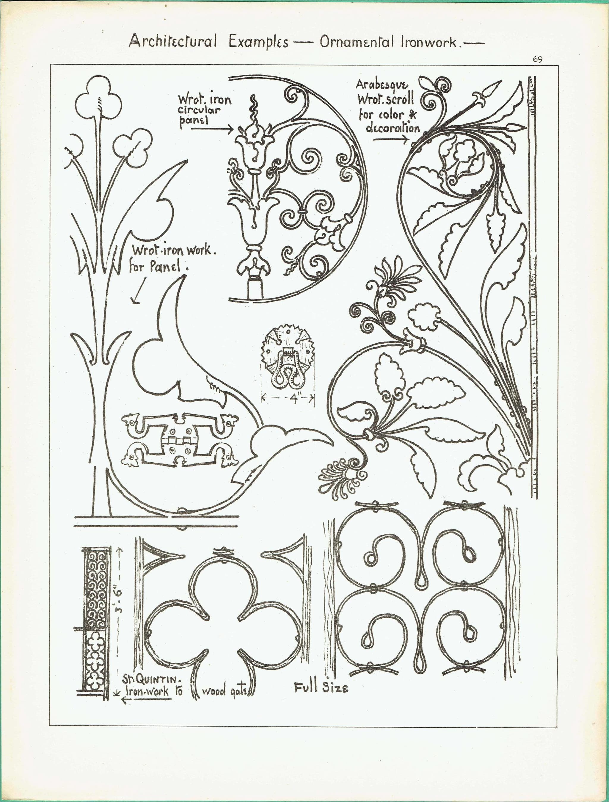 1898 Ornamental Wrought Ironwork - Circular Panel  Arabesque Scroll St Quintin Architecture Print - W Fullerton - 8 x 10.75 in - Image 3