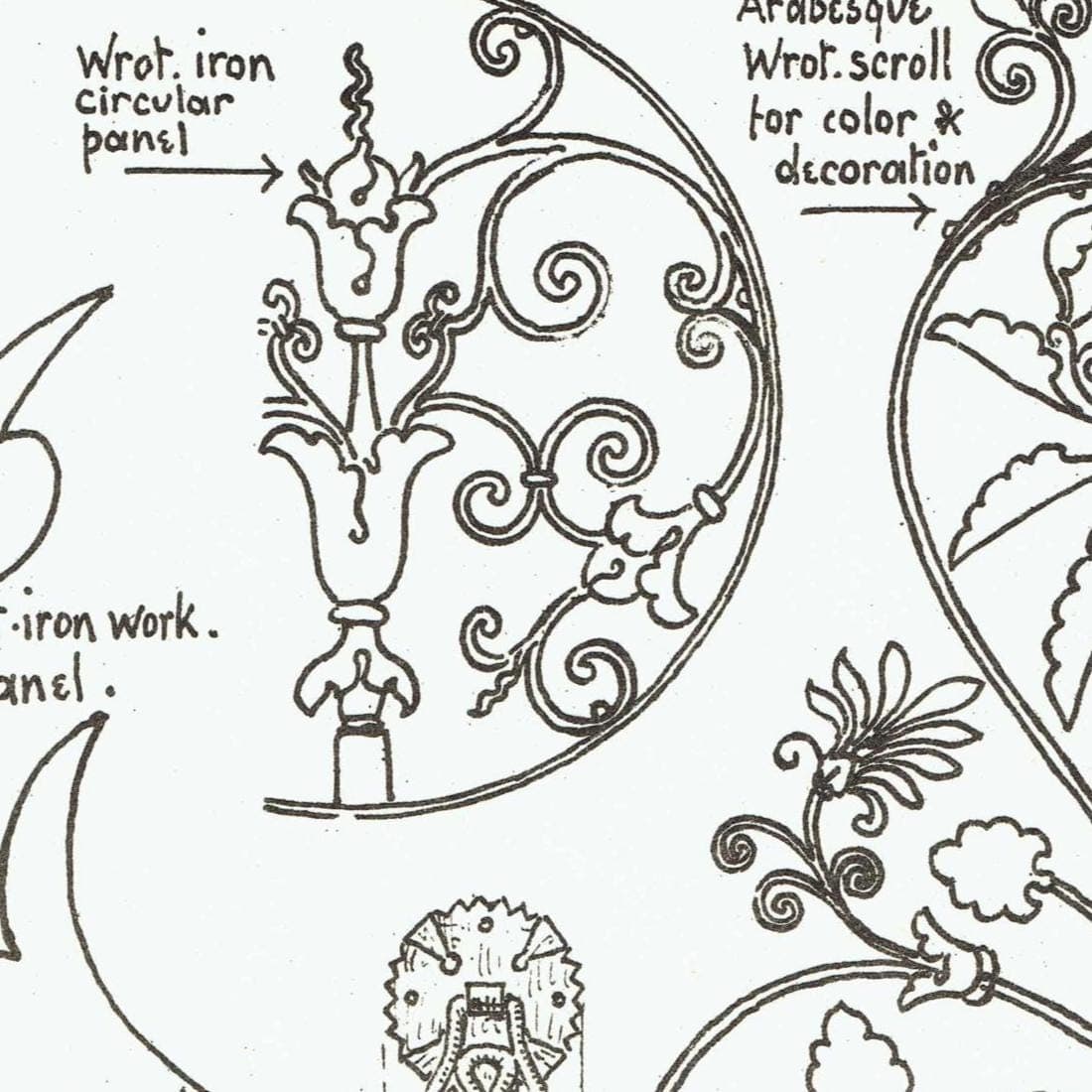 1898 Ornamental Wrought Ironwork - Circular Panel  Arabesque Scroll St Quintin Architecture Print - W Fullerton - 8 x 10.75 in - Image 4