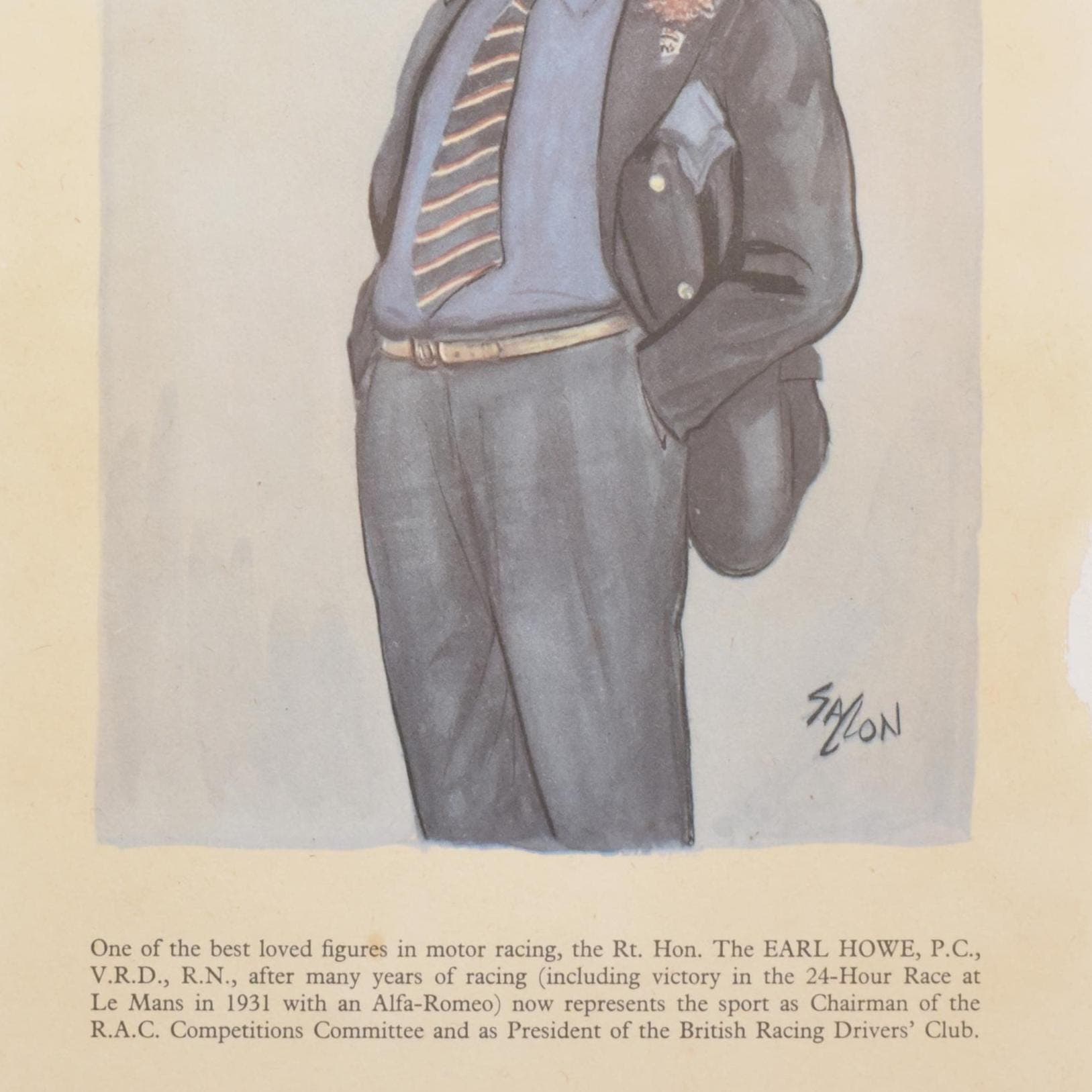 1956 Earl Howe Motor Racing Caricature by Sallon Print - Le Mans Winner Alfa Romeo - British Racing Drivers Club President - 11 x 7.75 in - Image 3