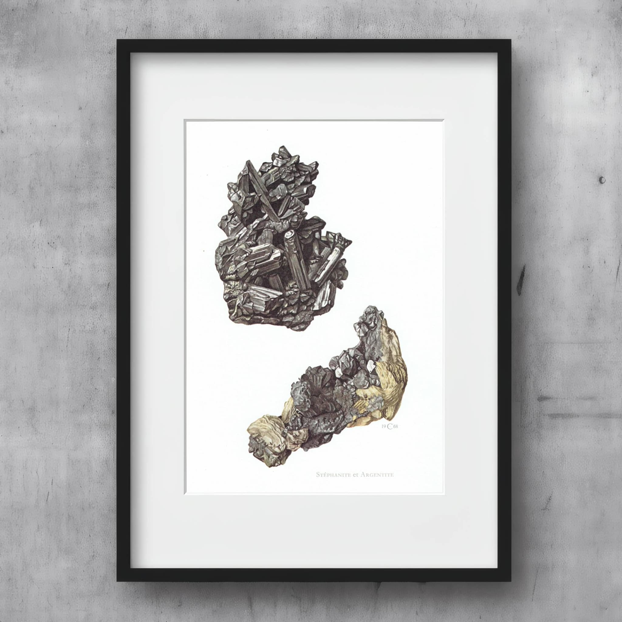 1969 Stephanite Argentite Minerals - Original Vintage Print By Caspari - Scientific Natural History Geology Study - 7.5 x 10.5 in