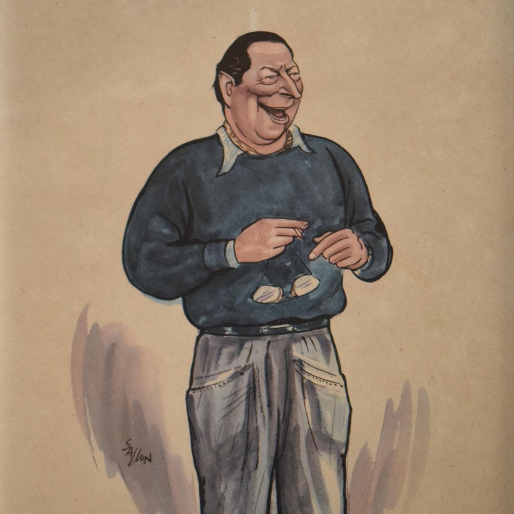 1956 Tony Rolt Colour Caricature Print by Sallon - Motor Racing Driver Illustration - Le Mans Jaguar Winner - Sallon Cartoon - 11 x 7.75 in