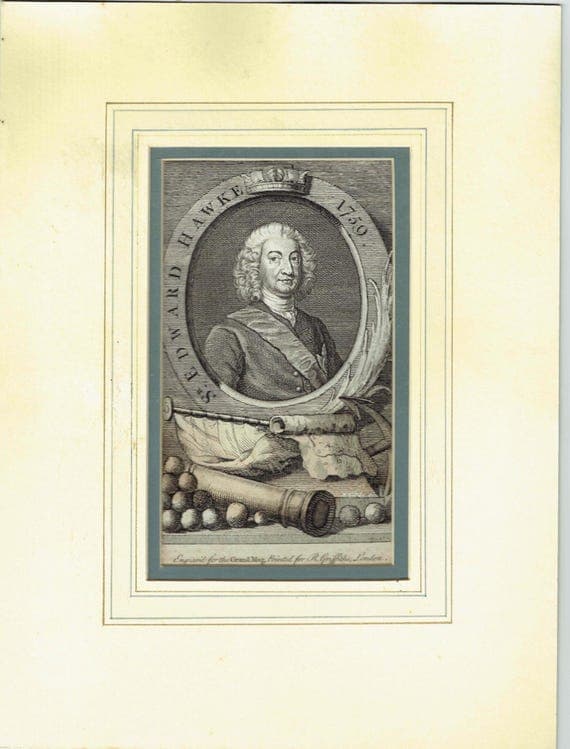 18th Century "Sir Edward Hawke 1759", Baron Hawke. Royal Navy Officer Print - Commemorative portrait - 7 x 4.25 inches