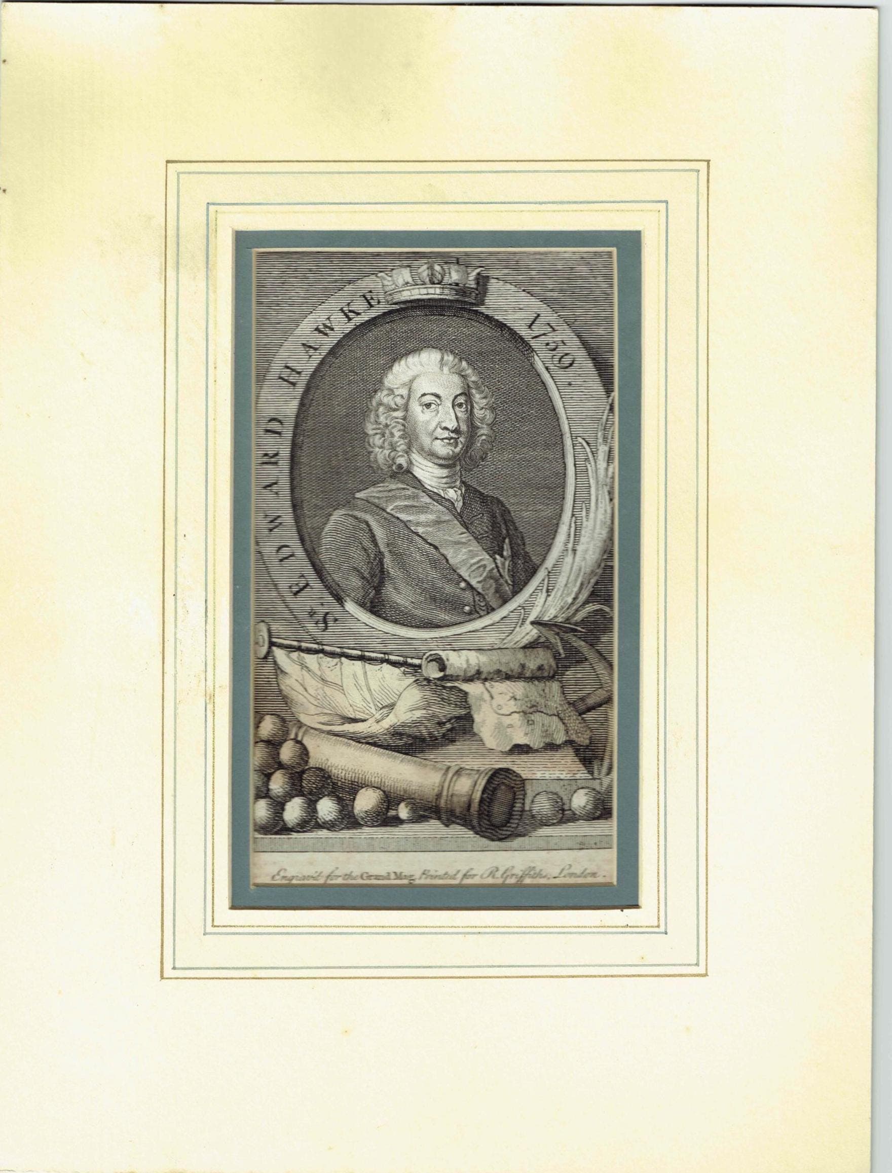 18th Century "Sir Edward Hawke 1759", Baron Hawke. Royal Navy Officer Print - Commemorative portrait - 7 x 4.25 inches