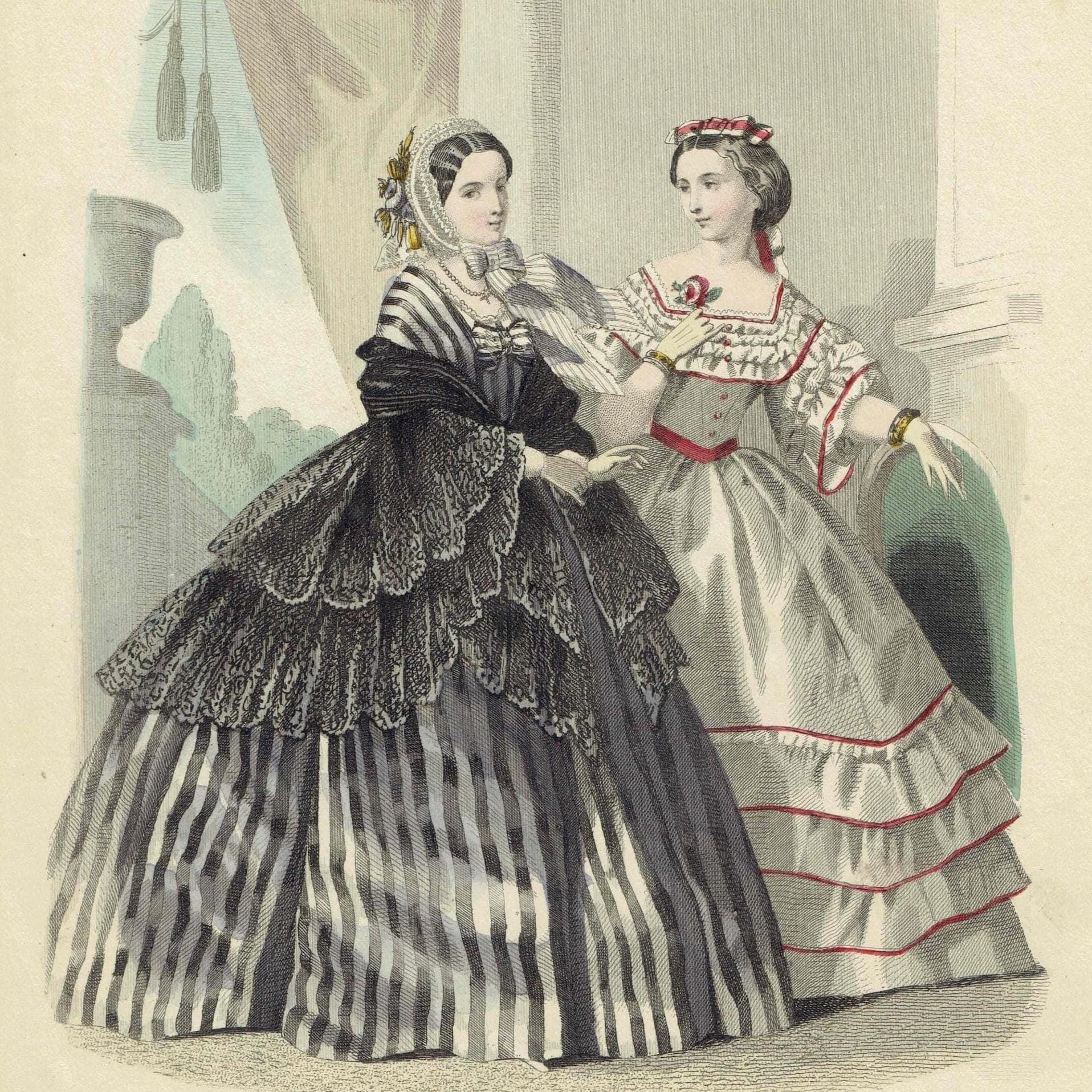 1859 Modes de Paris No. 15 Fashion Plate Print - Victorian Dresses Hand Coloured - Paris Fashion Art - 9.5 x 6.5 in