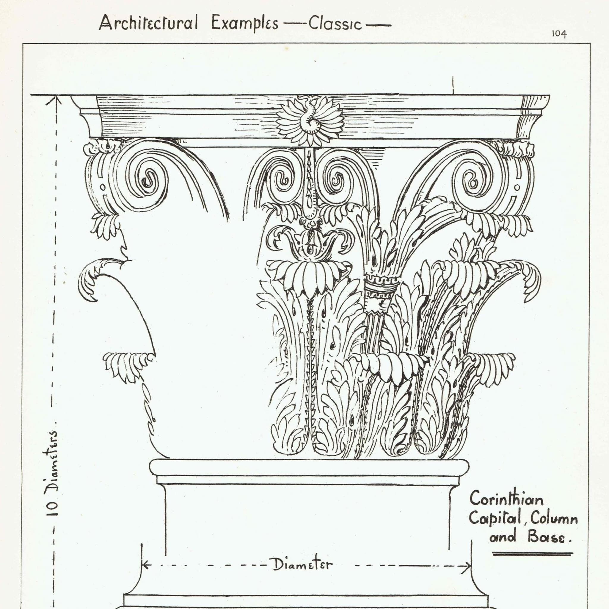 1898 Corinthian Capital Print - Classical Column, Base & Decorative Architecture Study - Antique Design Plate - 8 x 10.75 in - Image 2