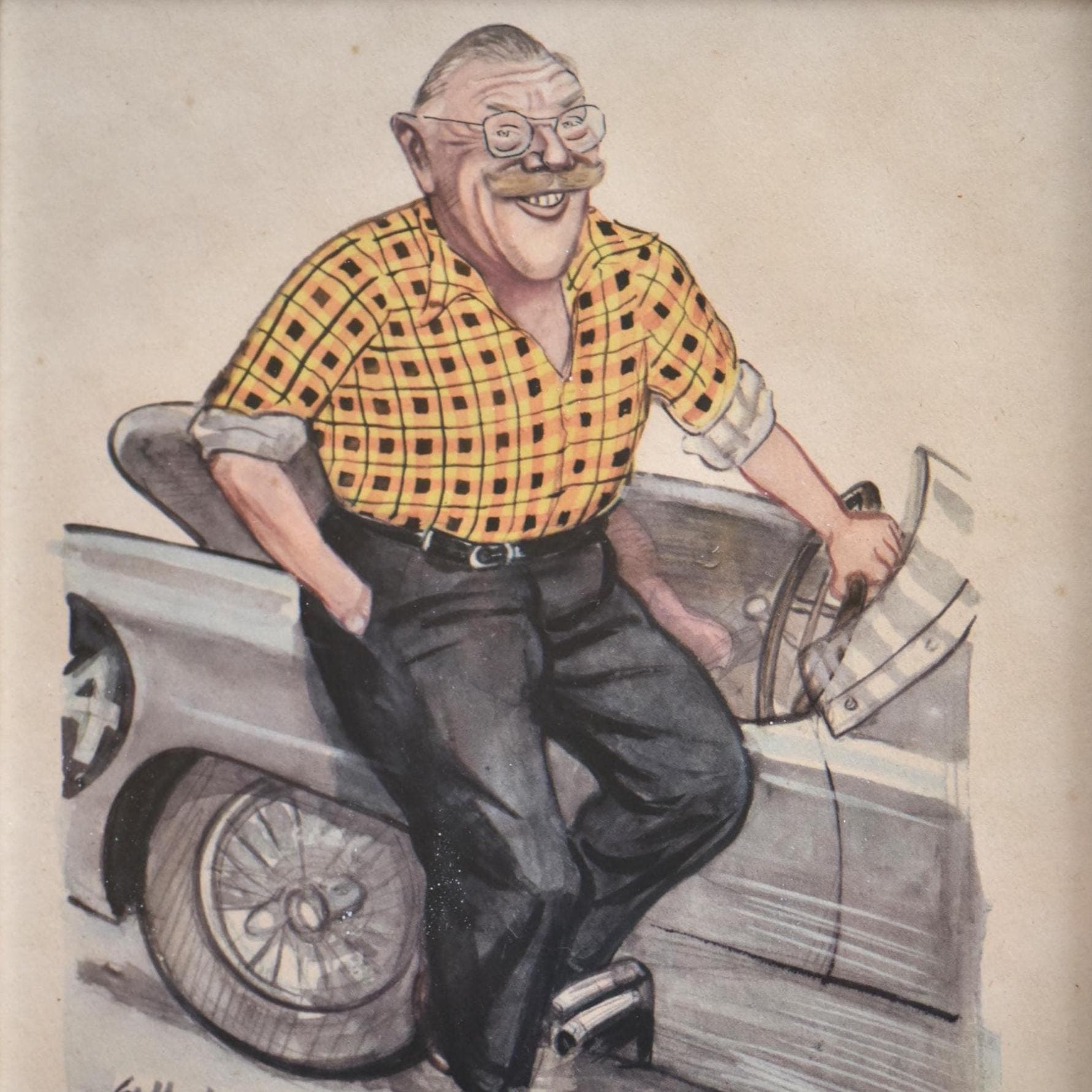 1956 Cliff Davis Motor Racing Caricature Sallon Print - British Racing Driver - Vintage Automotive Sports Illustration - 11 x 7.75 in