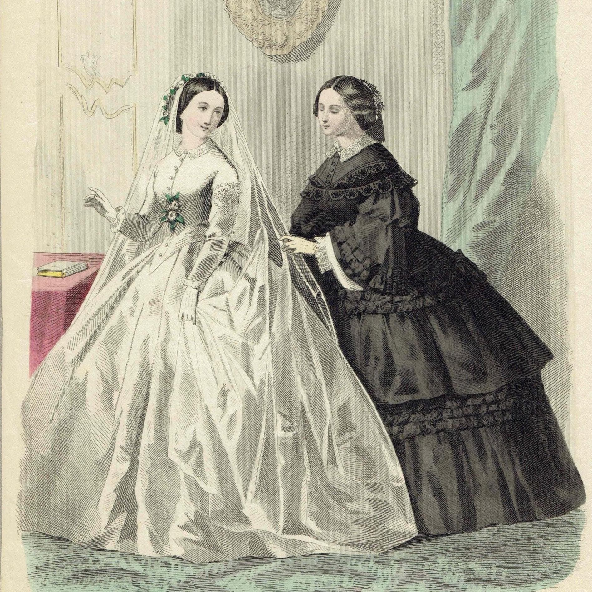 1859 Modes de Paris No.9 Print - Paris Fashion Plate - Victorian Bridal Gown Companion - 9.5 x 6.5 in