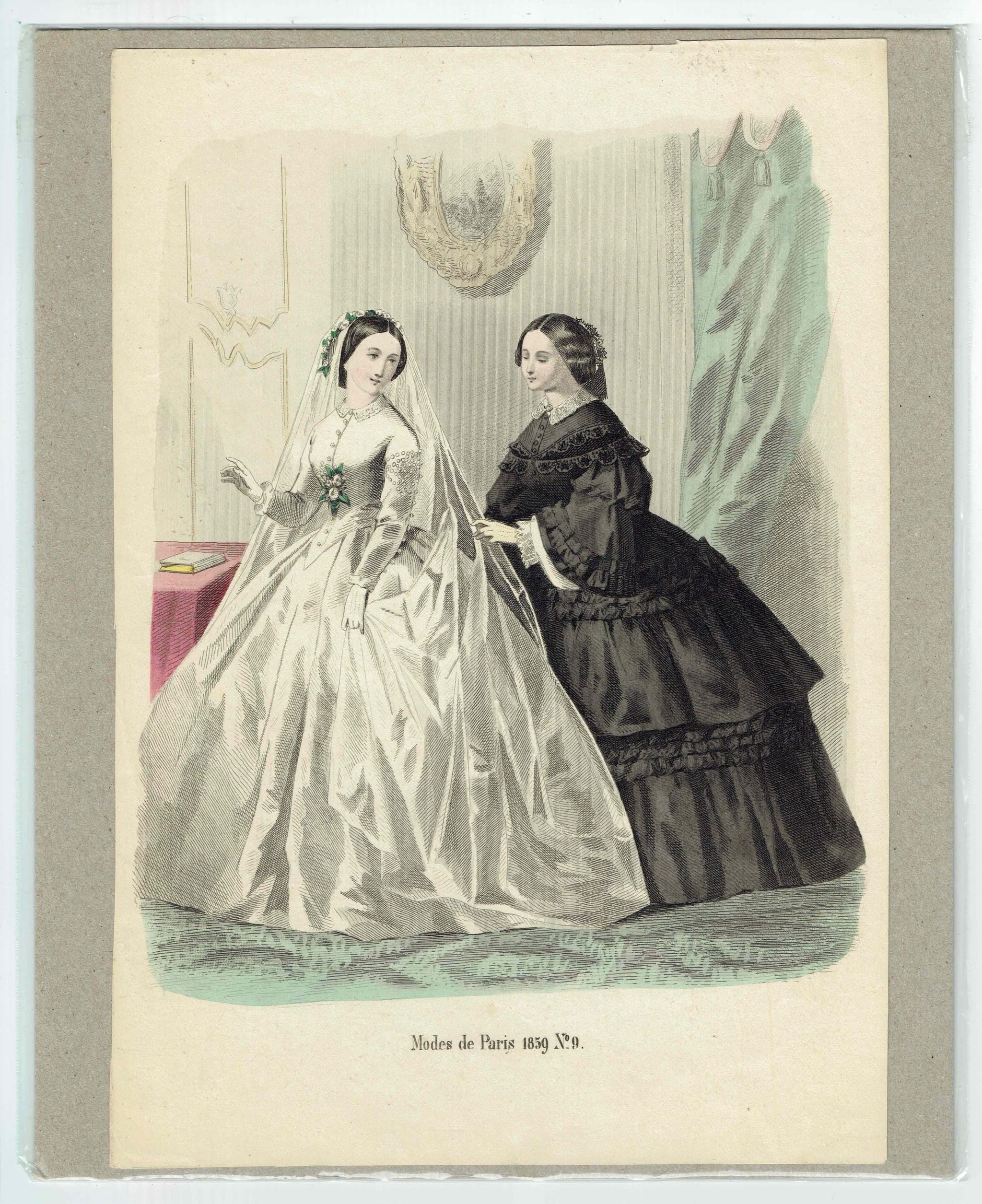 1859 Modes de Paris No.9 Print - Paris Fashion Plate - Victorian Bridal Gown Companion - 9.5 x 6.5 in - Image 2