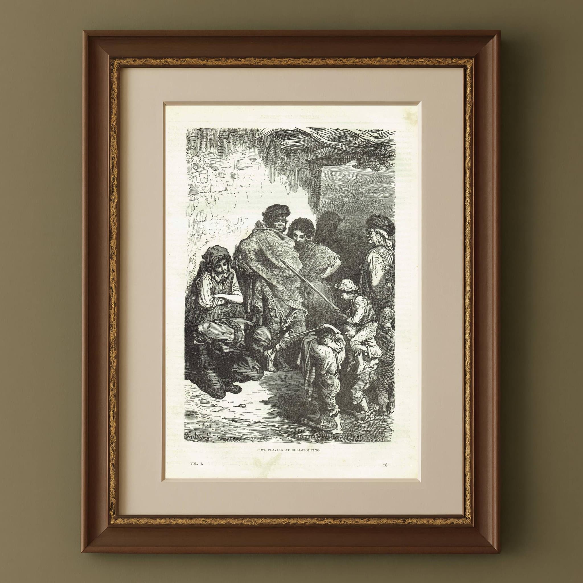 1870s Boys Playing At Bull-Fighting Original Woodblock Print - Children Portrait - Antique Victorian Travel Book Illustration - 8.5 x 12 in