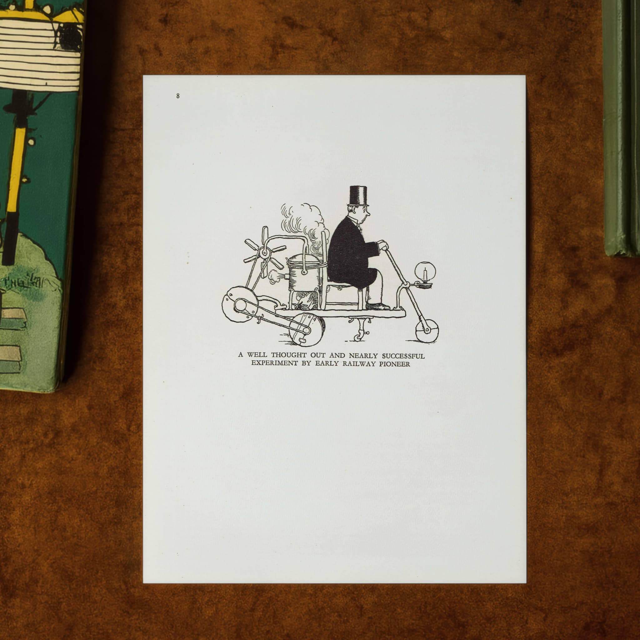 1935 Railway Pioneer Contraption - Original Vintage Print By Heath Robinson - Great Western Railway Centenary Humorous Cartoon - 7 x 9.5 in