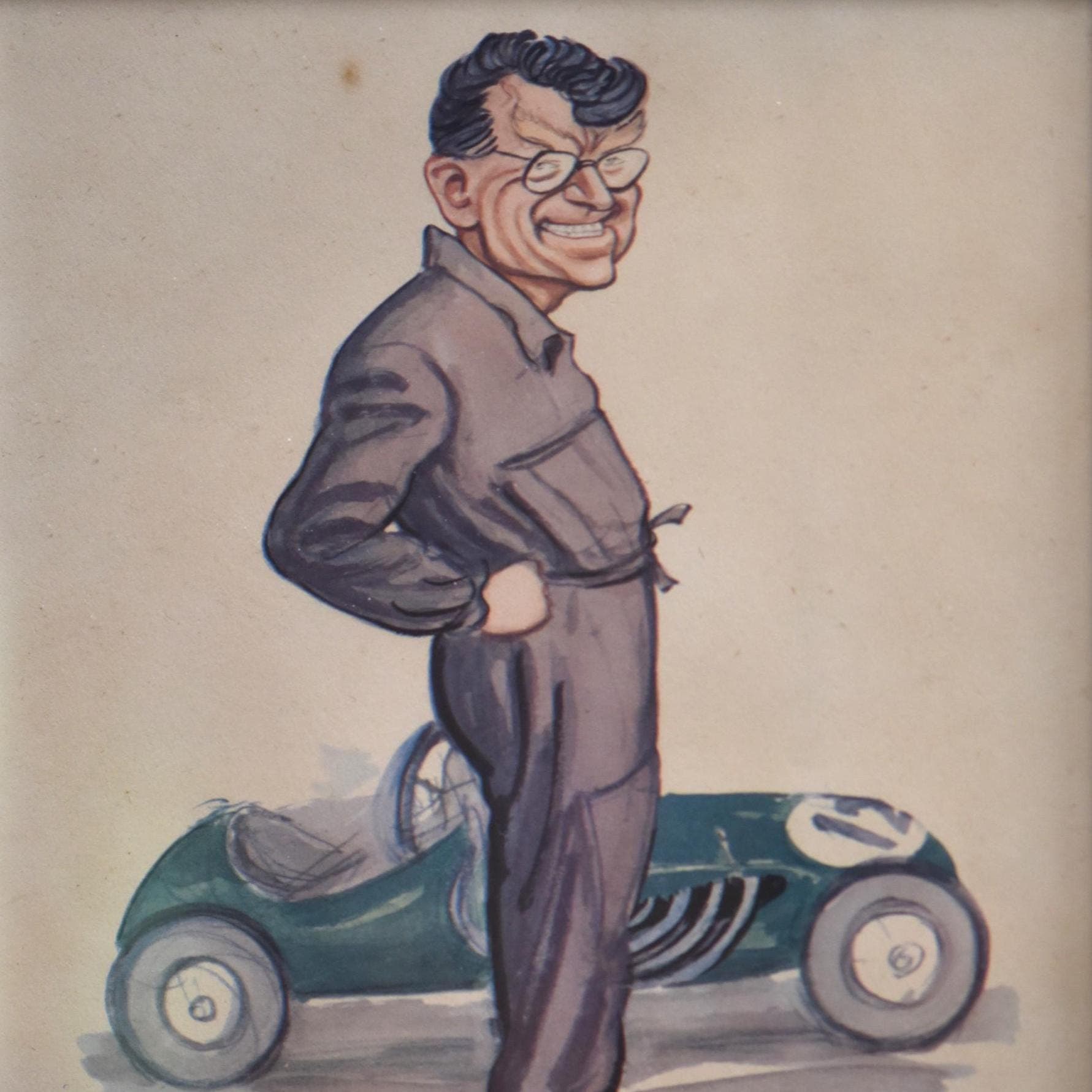 1956 Bob Gerard Racing Driver Caricature Sallon Print - Cooper-Bristol E.R.A. Motorsport Art - Sallon Motoring Illustration - 11 x 7.75 in