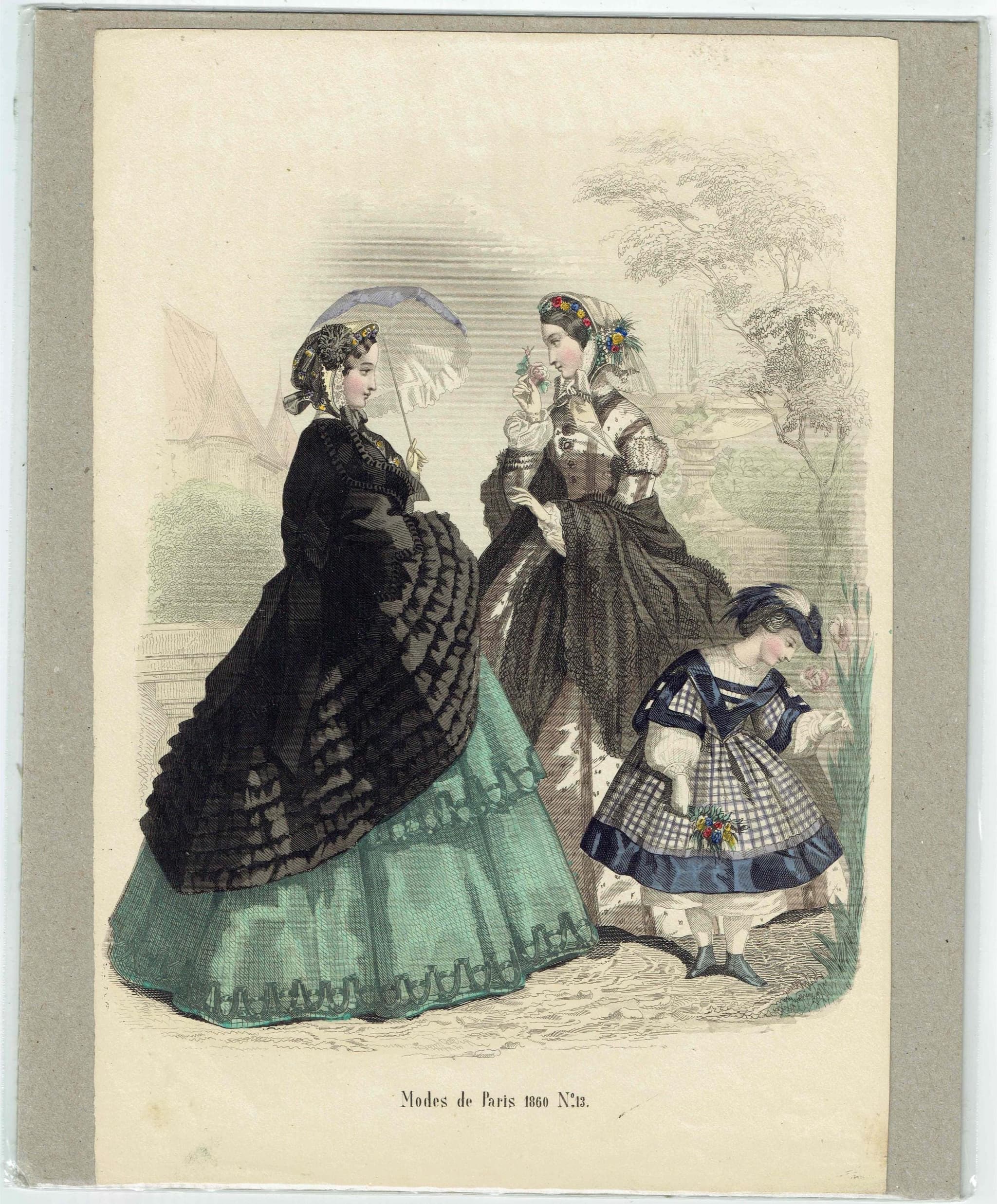 1860 Modes de Paris Fashion No.13 Print - Hand-Coloured Women & Girl’s Costume - Paris Style 1860 - 9.5 x 6.5 in - Image 2