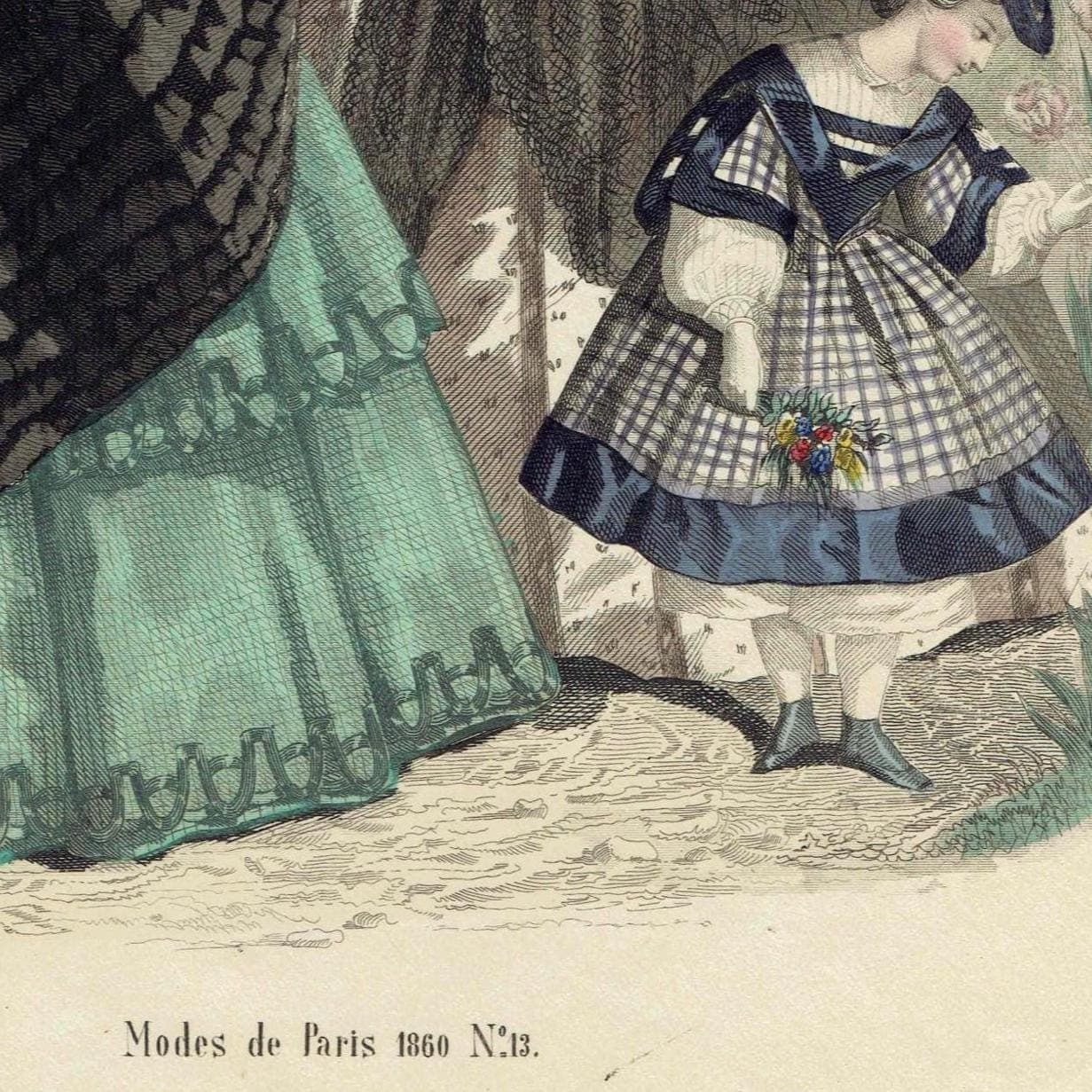 1860 Modes de Paris Fashion No.13 Print - Hand-Coloured Women & Girl’s Costume - Paris Style 1860 - 9.5 x 6.5 in - Image 3