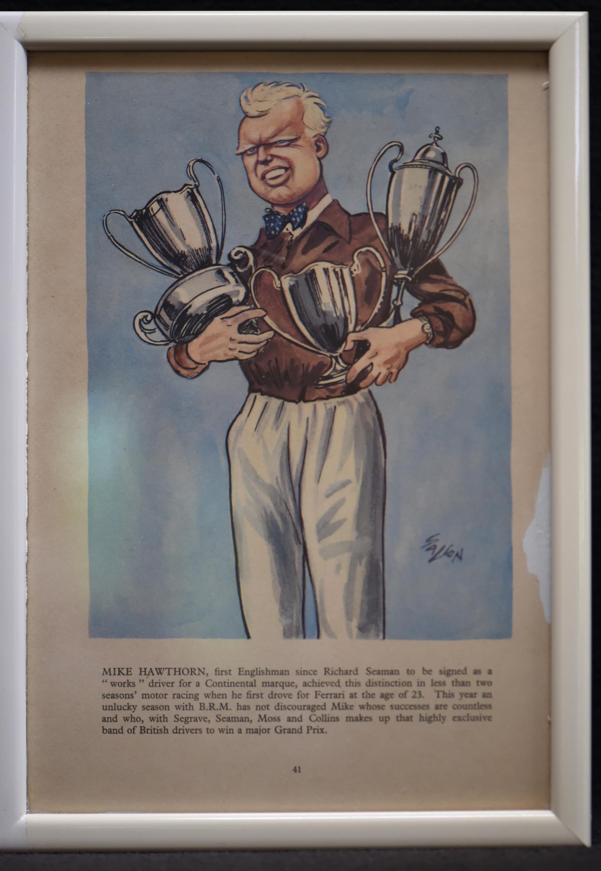 1956 Mike Hawthorn British Racing Driver Caricature Print - Sallon Motor Racing Art - Ferrari BRM Grand Prix Champion - 11 x 7.75 in - Image 2