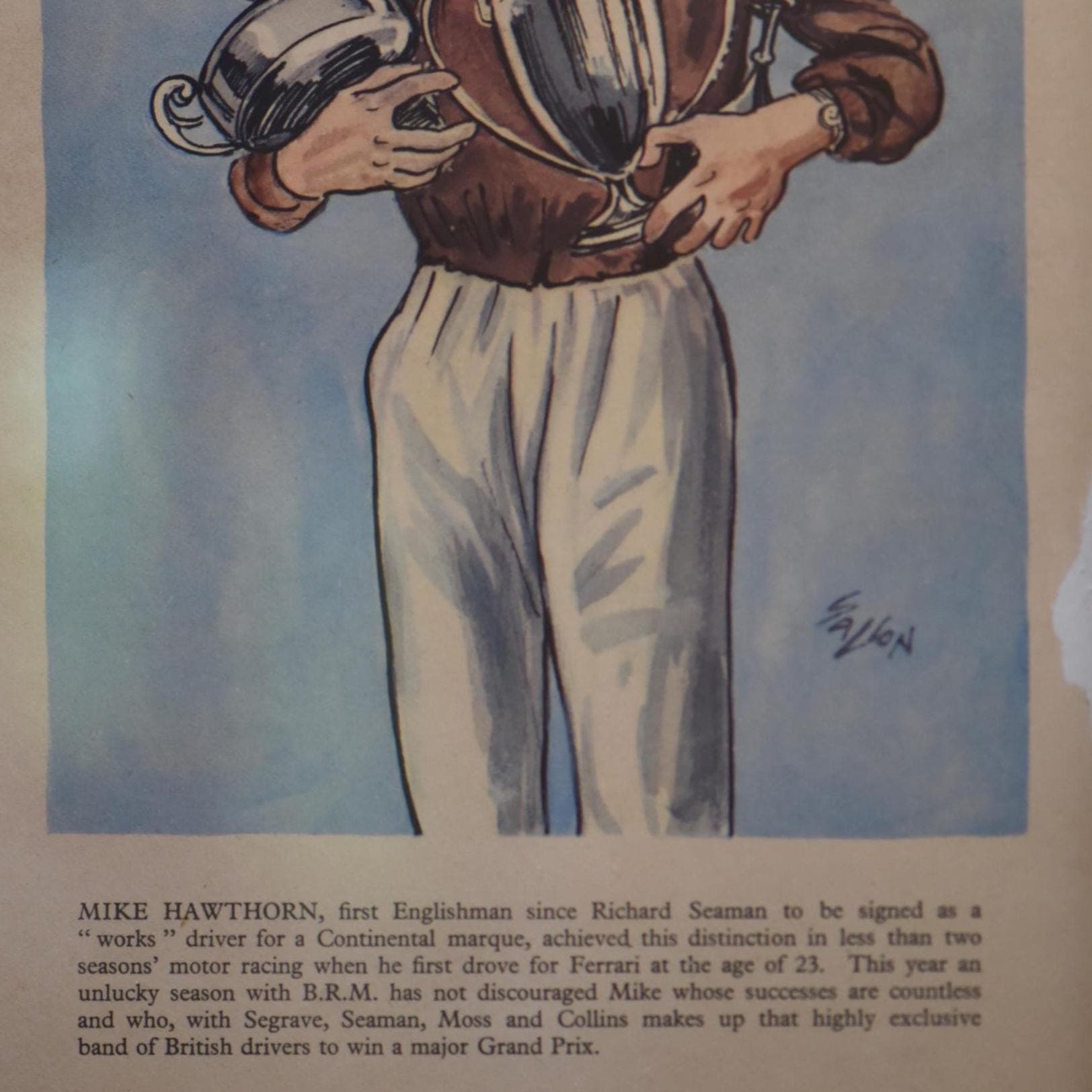 1956 Mike Hawthorn British Racing Driver Caricature Print - Sallon Motor Racing Art - Ferrari BRM Grand Prix Champion - 11 x 7.75 in - Image 3