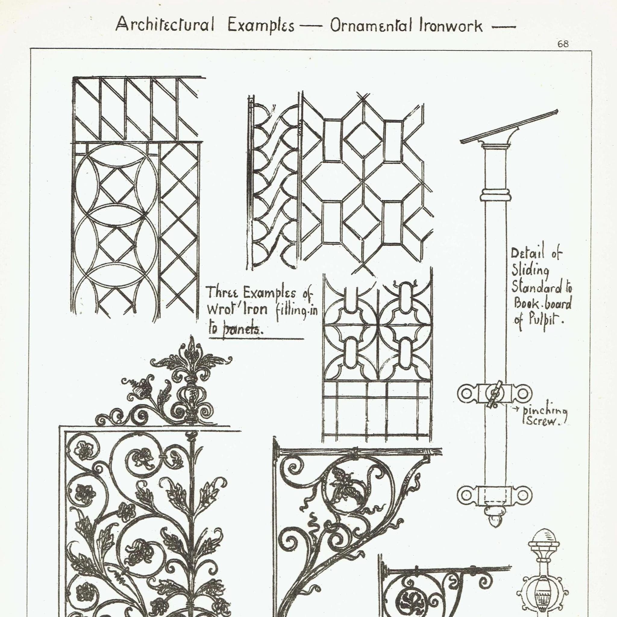 1898 Ornamental Wrought Ironwork - Filling in - Bracket - Finial - Architectural Print - W Fullerton - Building Illustration - 8 x 10.75 in