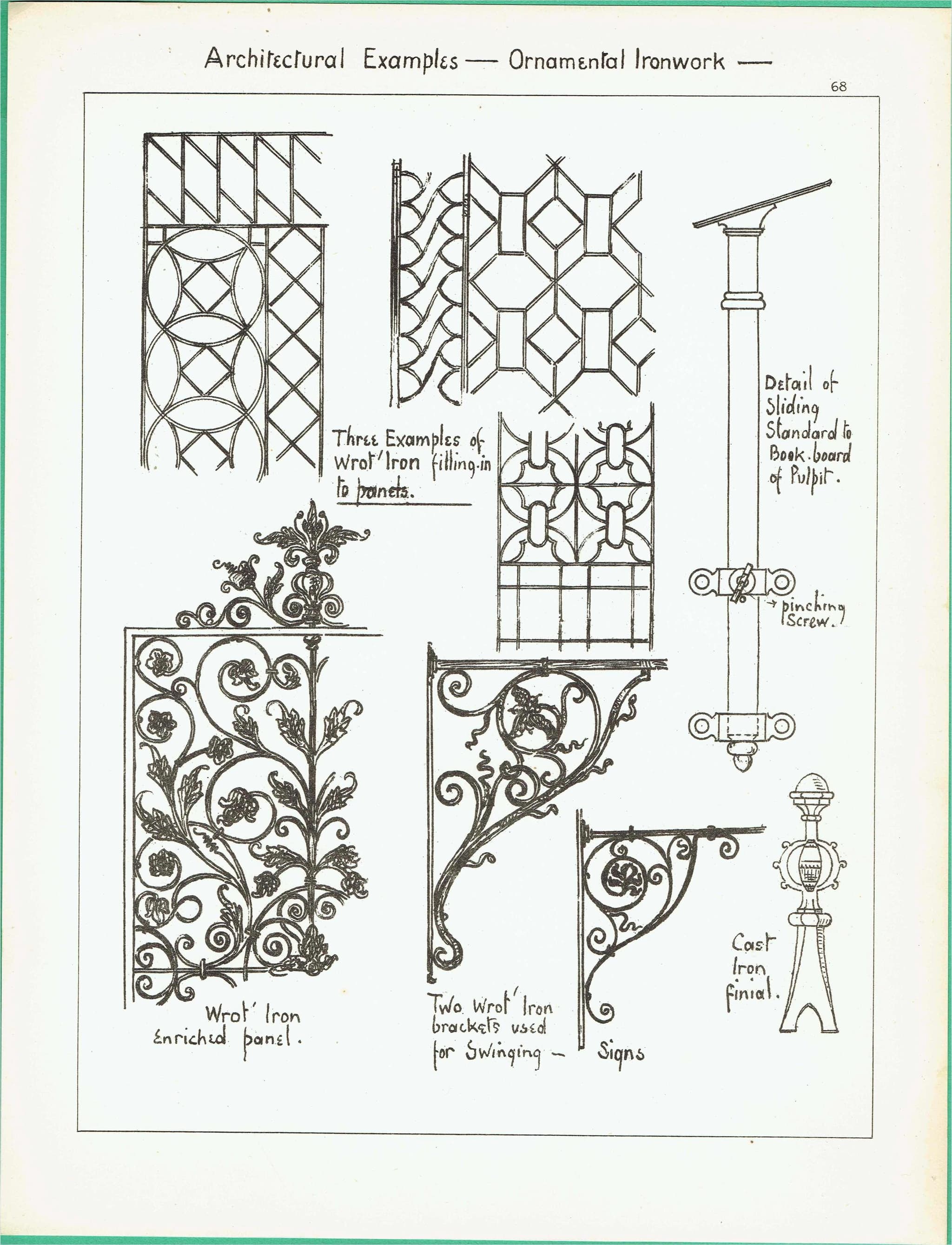 1898 Ornamental Wrought Ironwork - Filling in - Bracket - Finial - Architectural Print - W Fullerton - Building Illustration - 8 x 10.75 in - Image 2