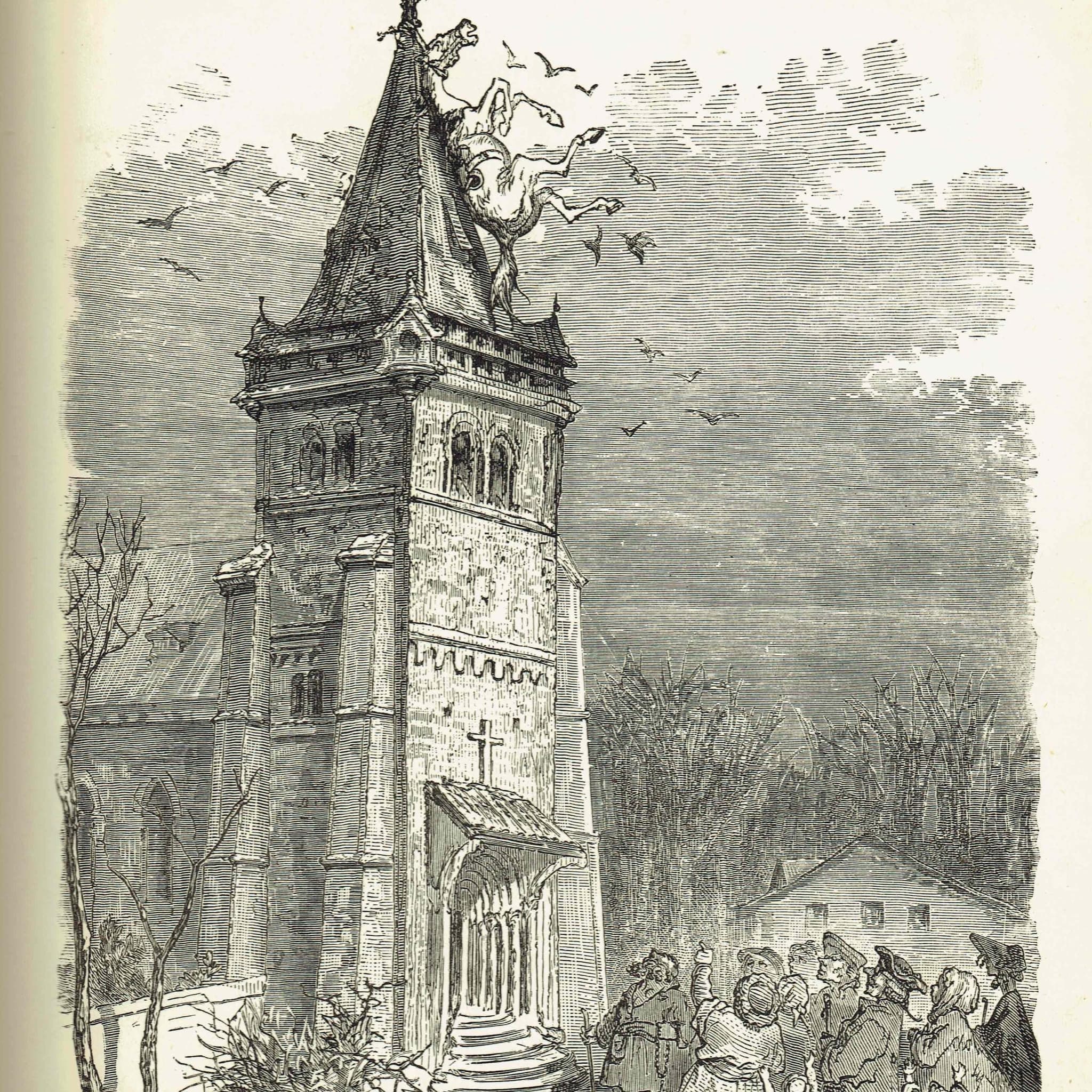 1867 Baron Munchausen Steeple Scene - Original Antique Print By Doré - Fantasy Adventure Literary Illustration - 6 x 9 in