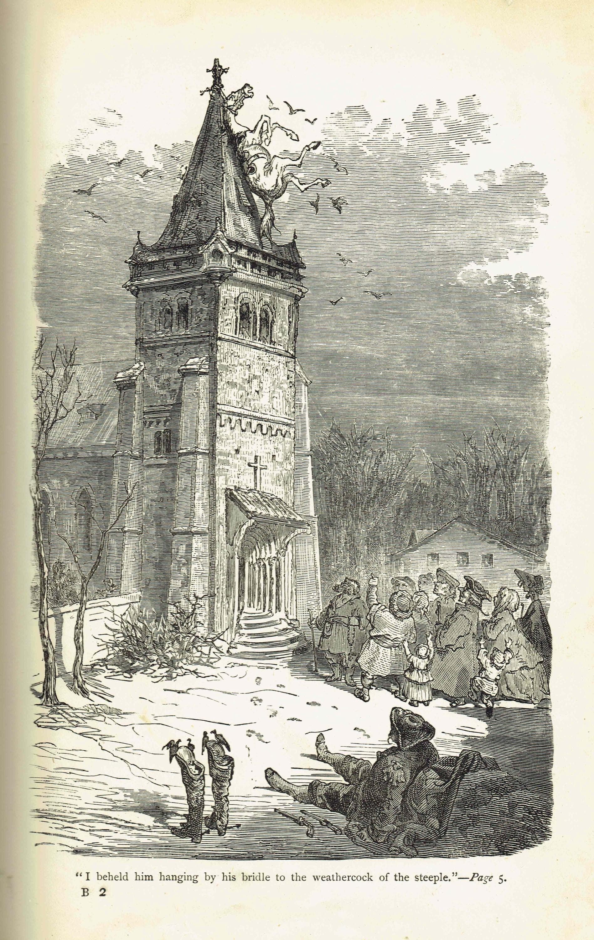 1867 Baron Munchausen Steeple Scene - Original Antique Print By Doré - Fantasy Adventure Literary Illustration - 6 x 9 in - Image 2