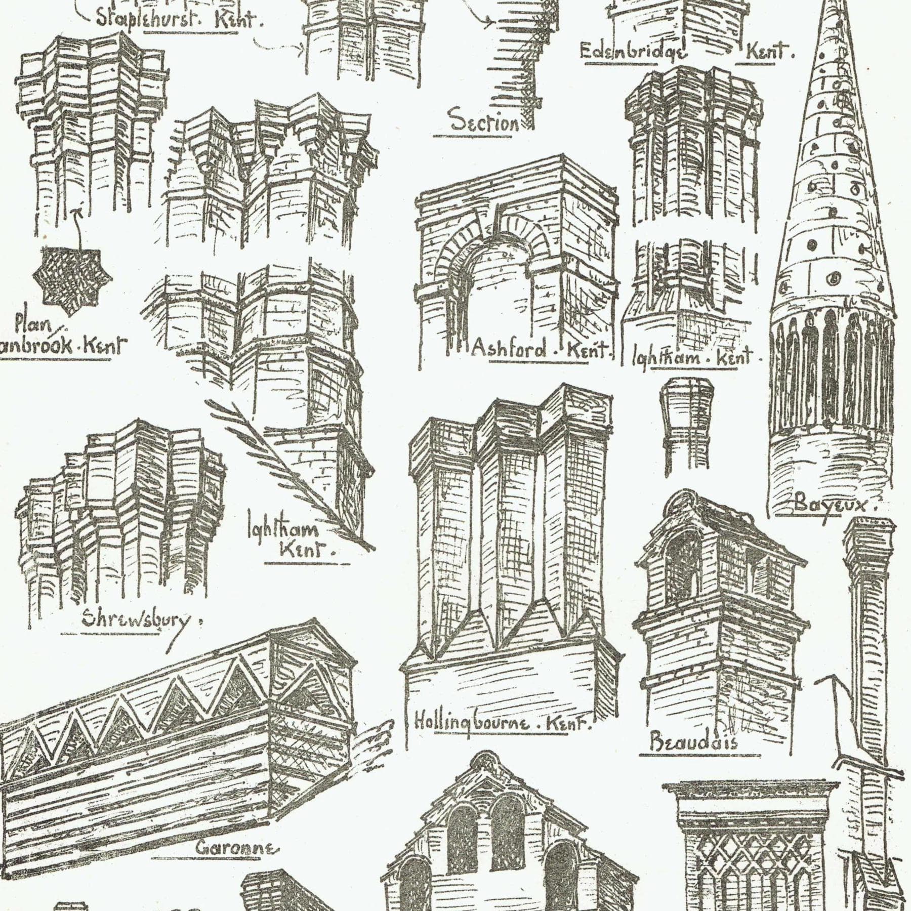 1898 Various Chimney Tops Architectural Print - W Fullerton -  Building Design Illustration - 8 x 10.75 in