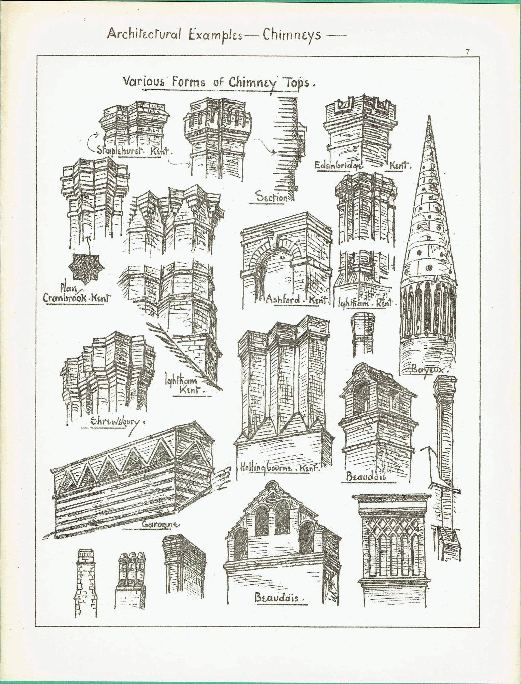 1898 Various Chimney Tops Architectural Print - W Fullerton -  Building Design Illustration - 8 x 10.75 in - Image 2
