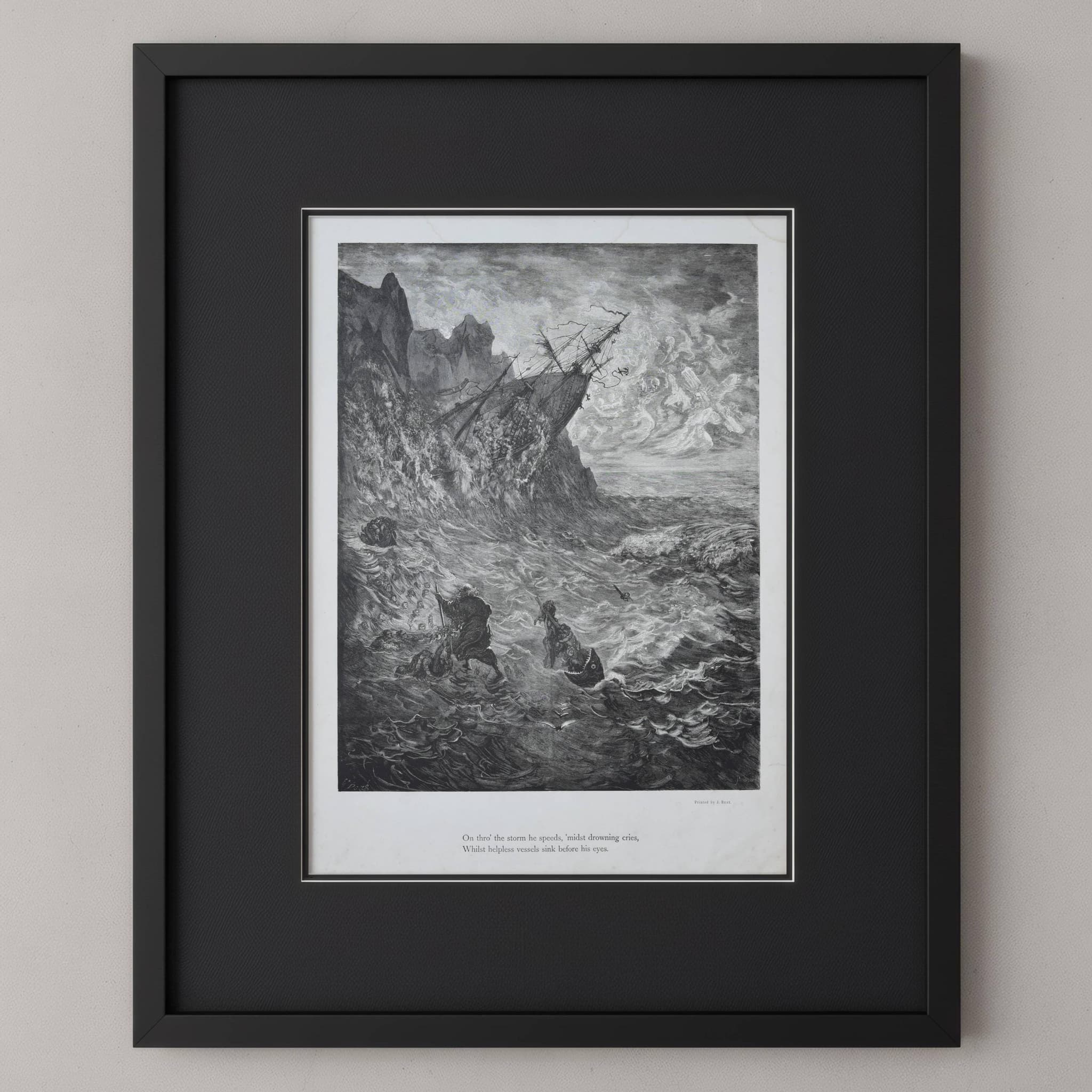 1866 Gustave Doré Wandering Jew Shipwreck Plate 10 - Original Antique Engraving - Victorian Gothic Religious Mythology Maritime - 14 x 20 in