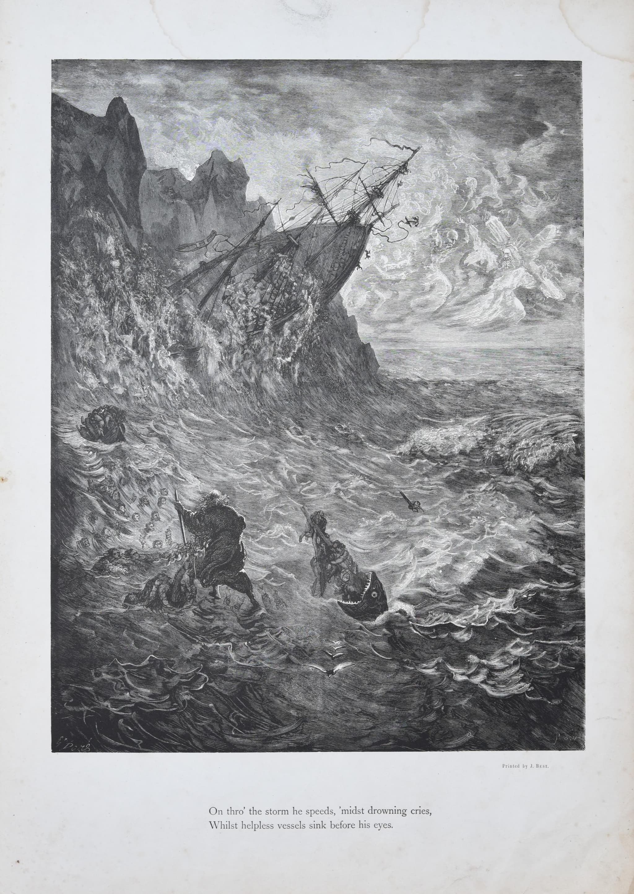 1866 Gustave Doré Wandering Jew Shipwreck Plate 10 - Original Antique Engraving - Victorian Gothic Religious Mythology Maritime - 14 x 20 in - Image 3