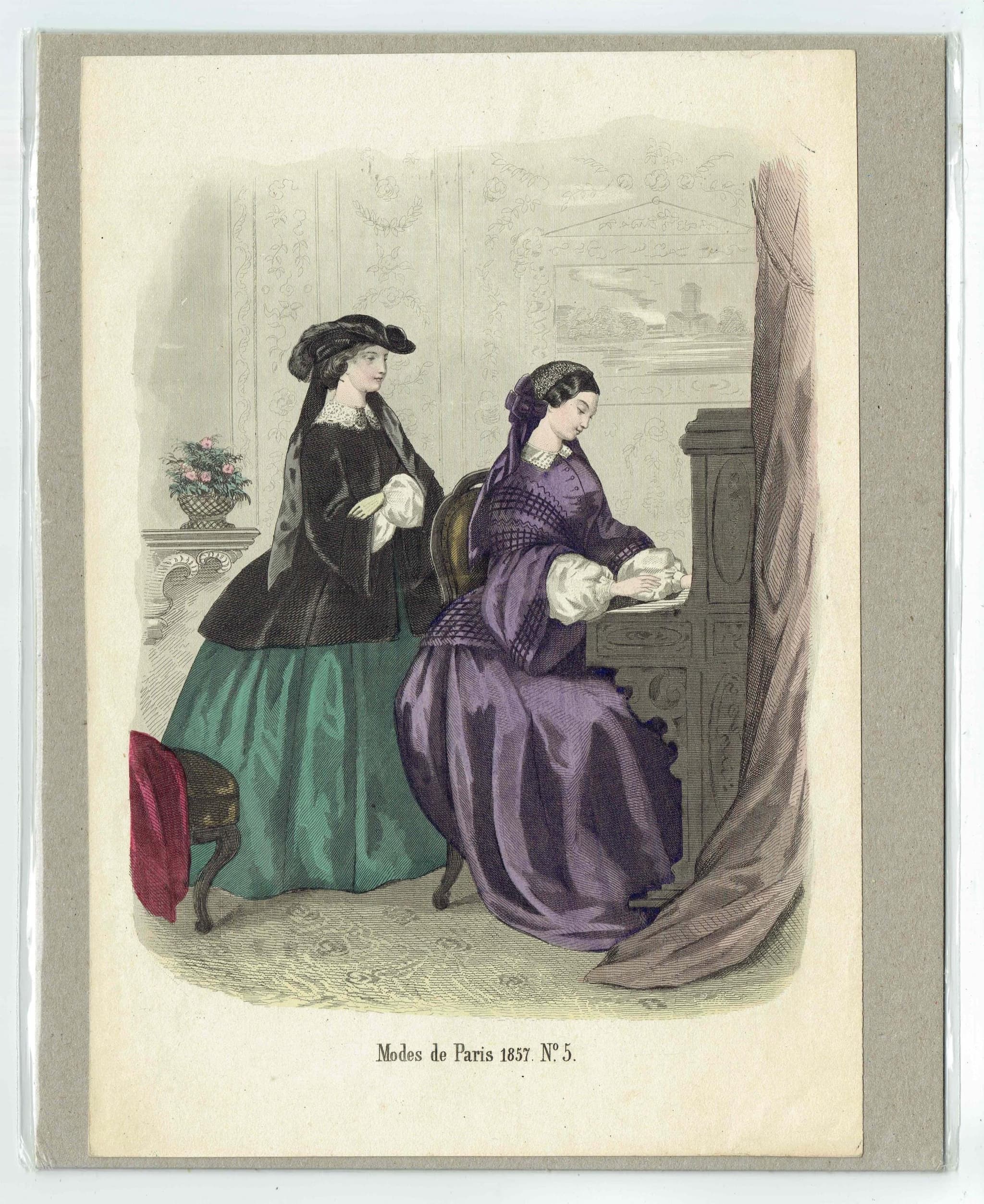 1857 Modes de Paris No.5 Print - Paris Fashion Plate - Hand Coloured Women Reading Interior Scene - 9.75 x 6.75 in - Image 2