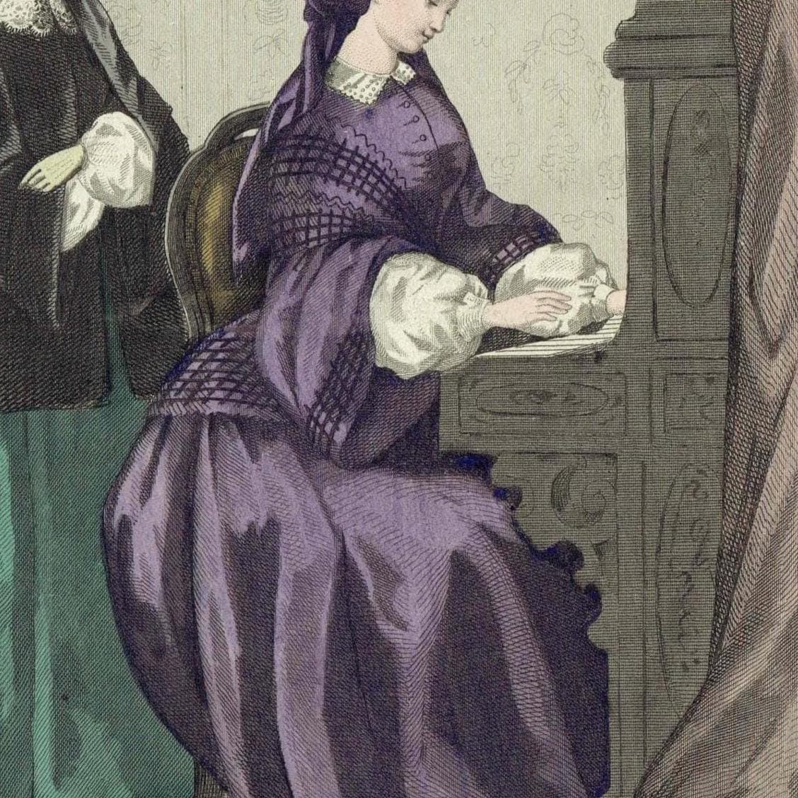 1857 Modes de Paris No.5 Print - Paris Fashion Plate - Hand Coloured Women Reading Interior Scene - 9.75 x 6.75 in - Image 3