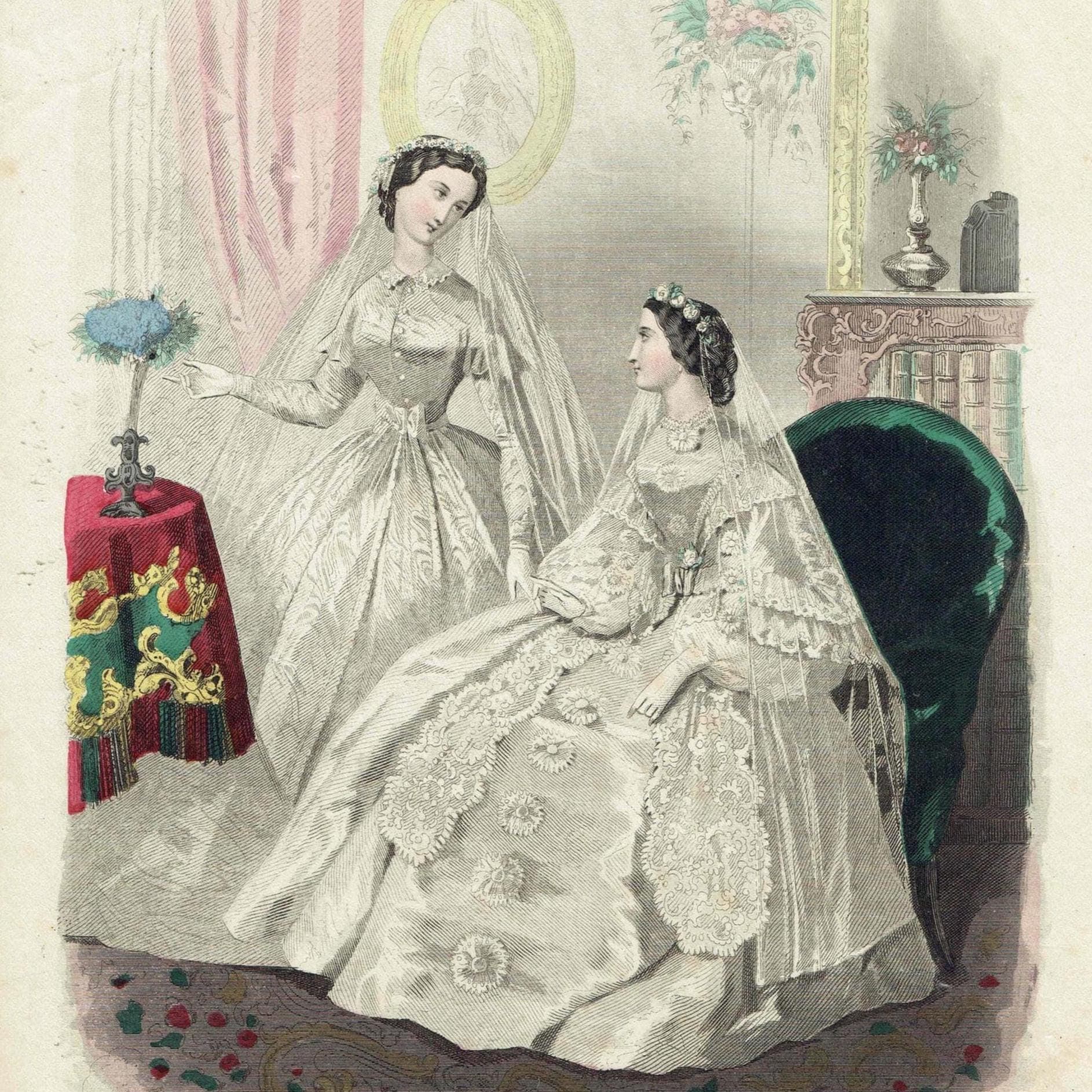 c.1860 Modes de Paris No.12 Fashion Print - Bridal Gowns & Accessories - Hand Coloured Engraving - 9.5 x 6.5 in