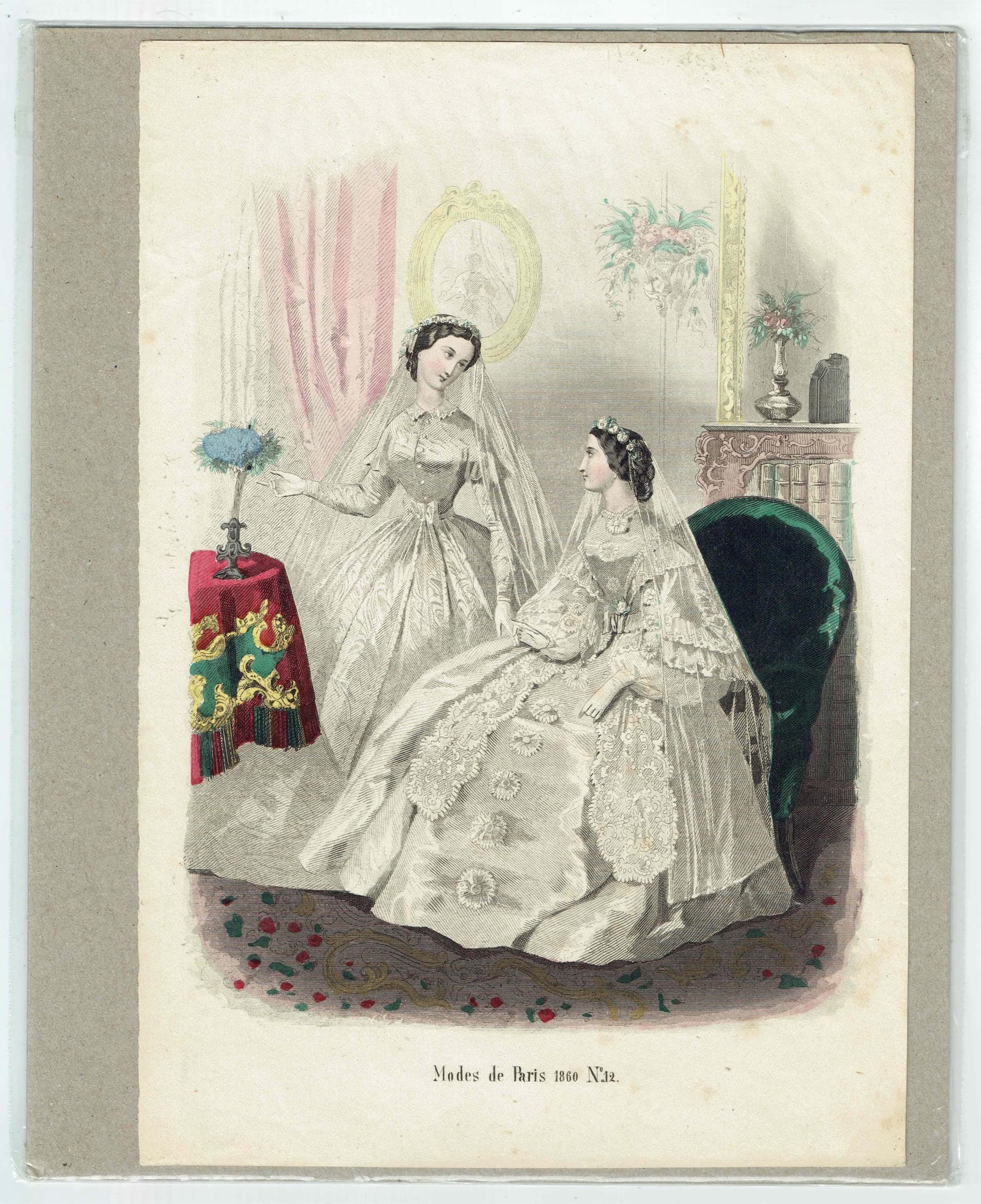 c.1860 Modes de Paris No.12 Fashion Print - Bridal Gowns & Accessories - Hand Coloured Engraving - 9.5 x 6.5 in - Image 2
