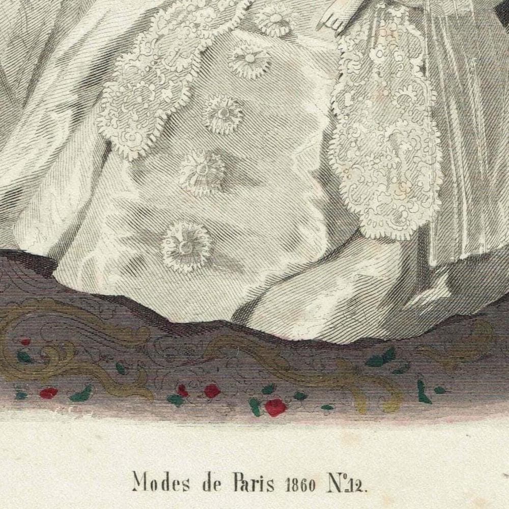 c.1860 Modes de Paris No.12 Fashion Print - Bridal Gowns & Accessories - Hand Coloured Engraving - 9.5 x 6.5 in - Image 3