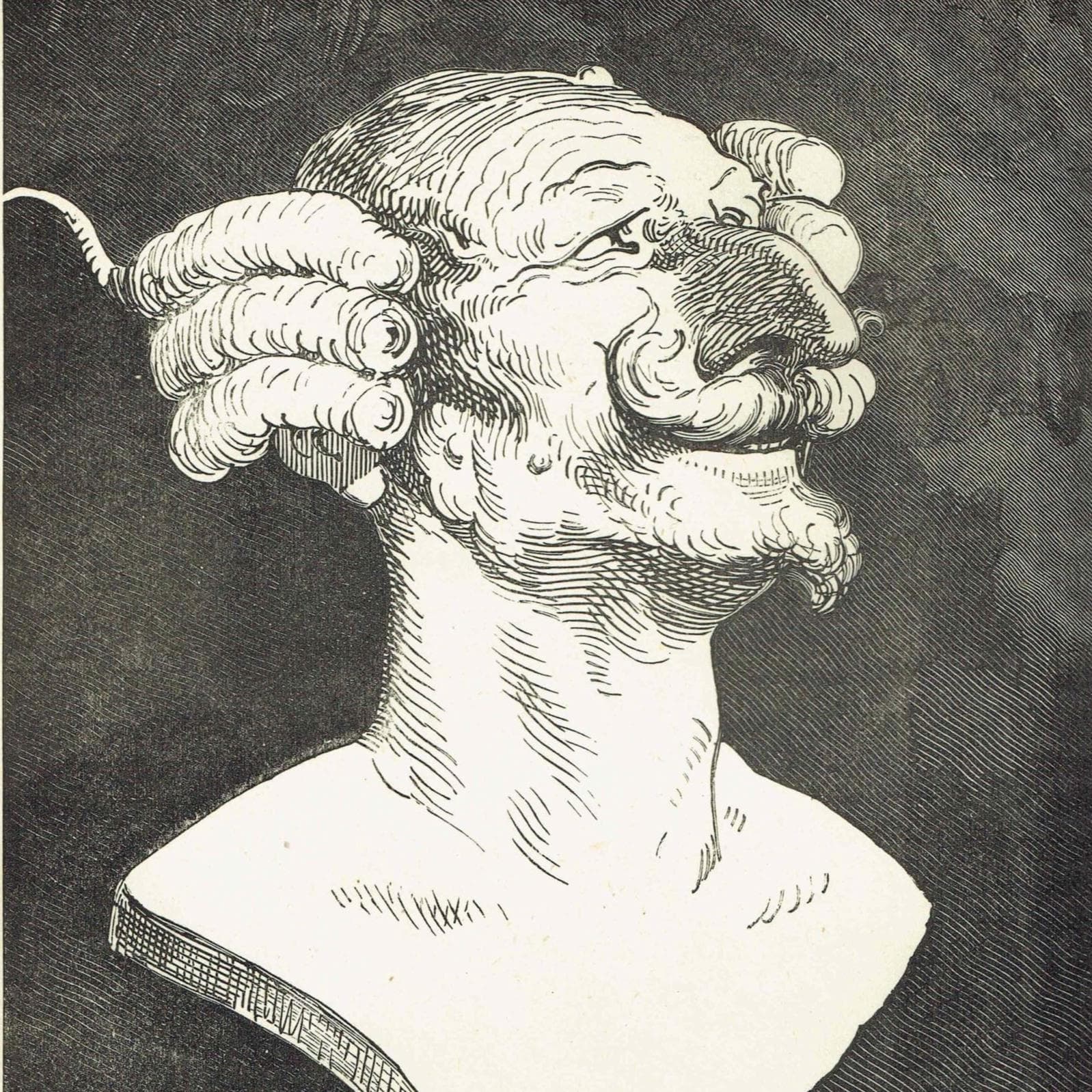 1867 Baron Munchausen Bust - Original Antique Print By Doré - Fantasy Portrait Satirical Literature Engraving - 6 x 9 in